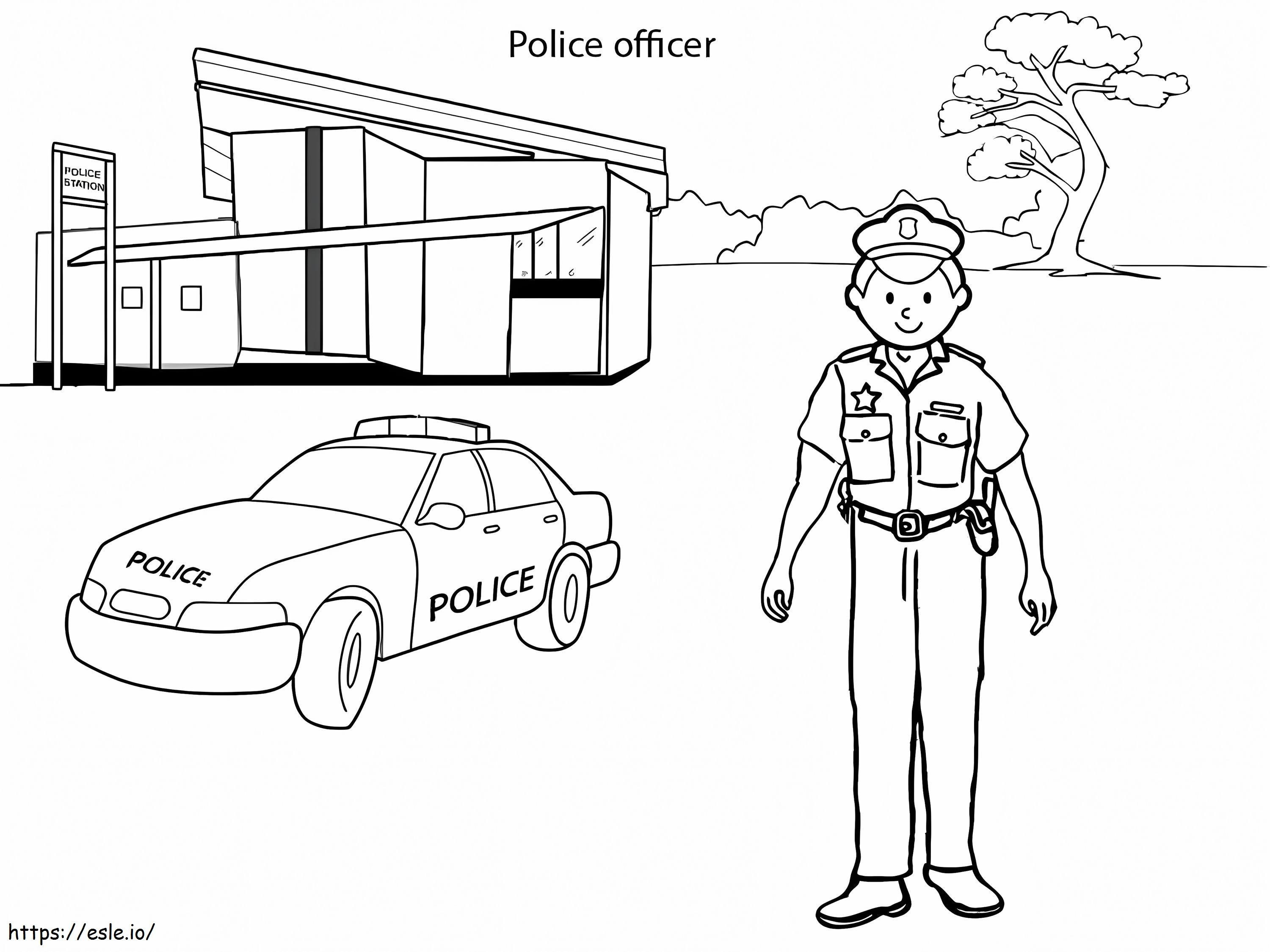 Poliisi ja poliisiauto poliisiasemalla värityskuva