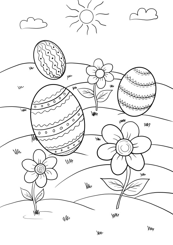 Easter eggs and flowers free coloring and printing