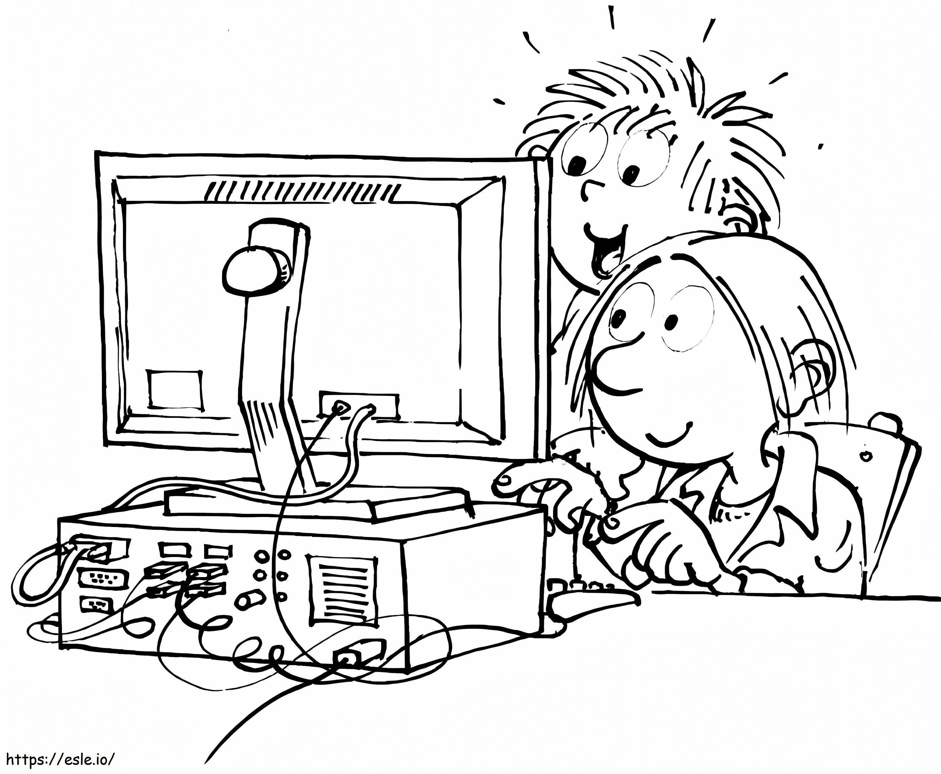 Kids With Computer coloring page