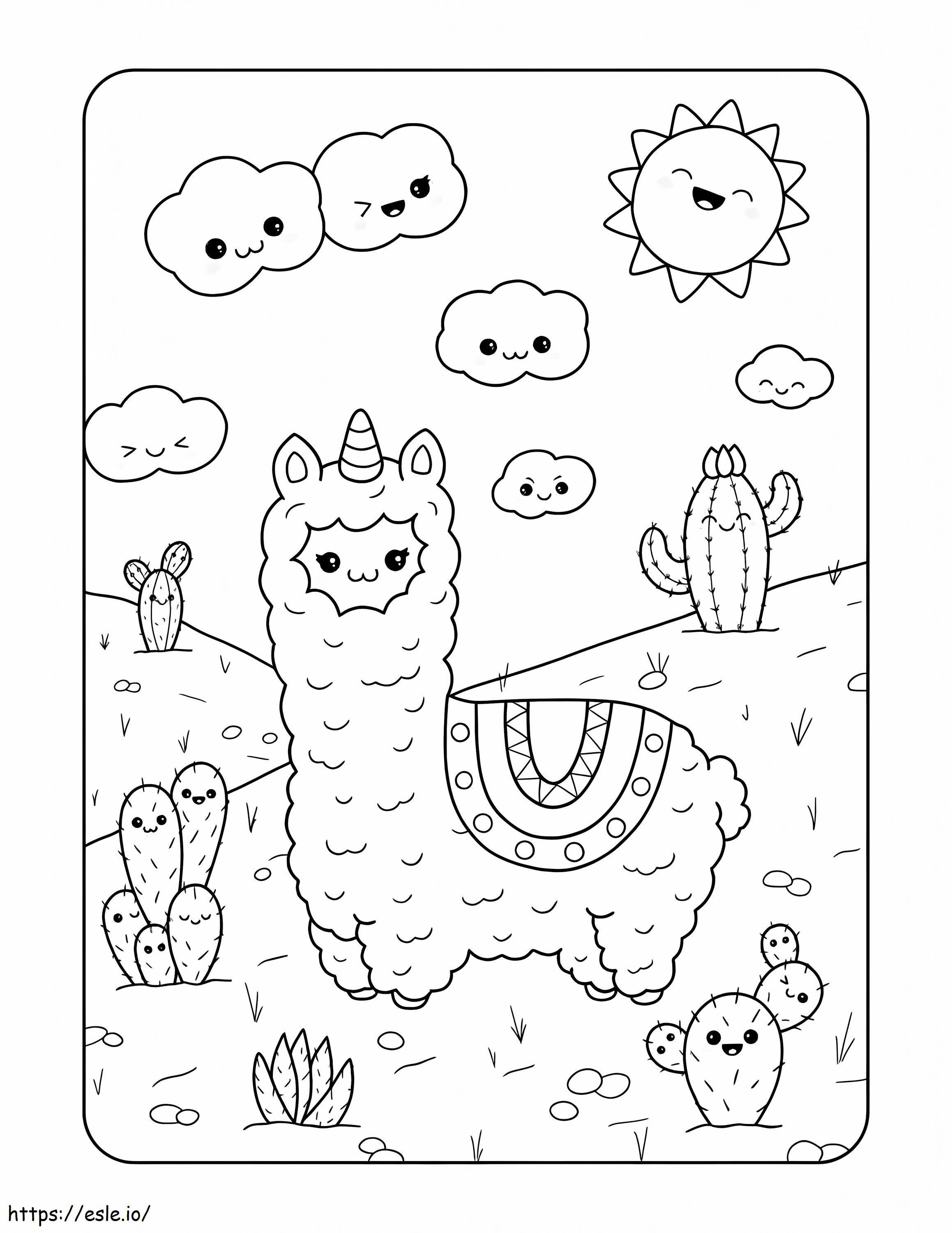 Kawaii Llamas And Cactus coloring page