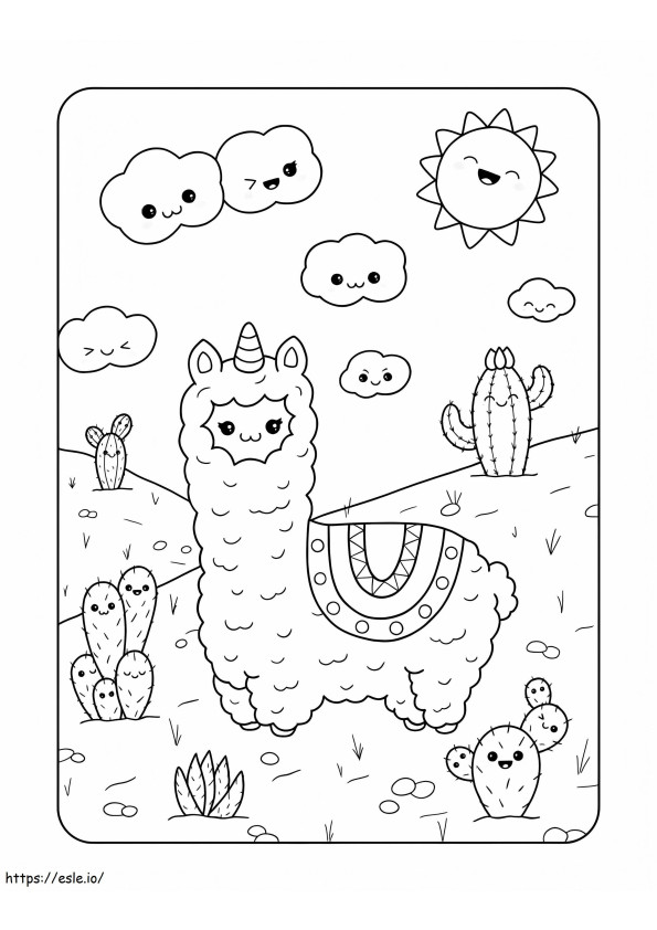 Kawaii Llamas And Cactus coloring page