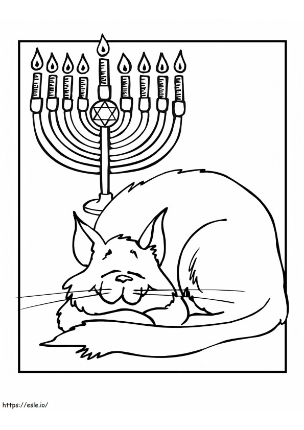 Gato com Hanukkah Menorah para colorir