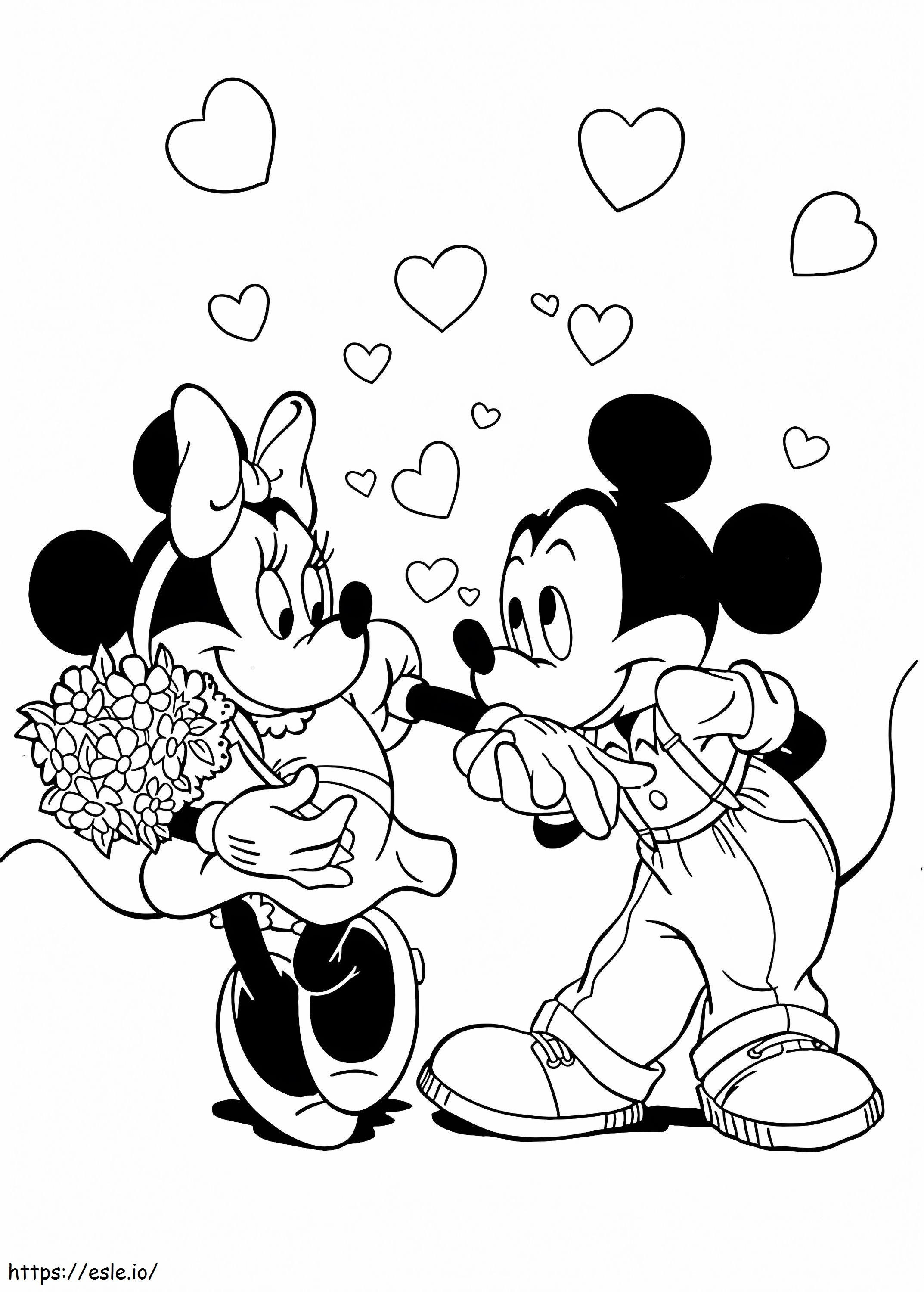 Minnie con un ramo de flores y Mickey Mouse para colorear