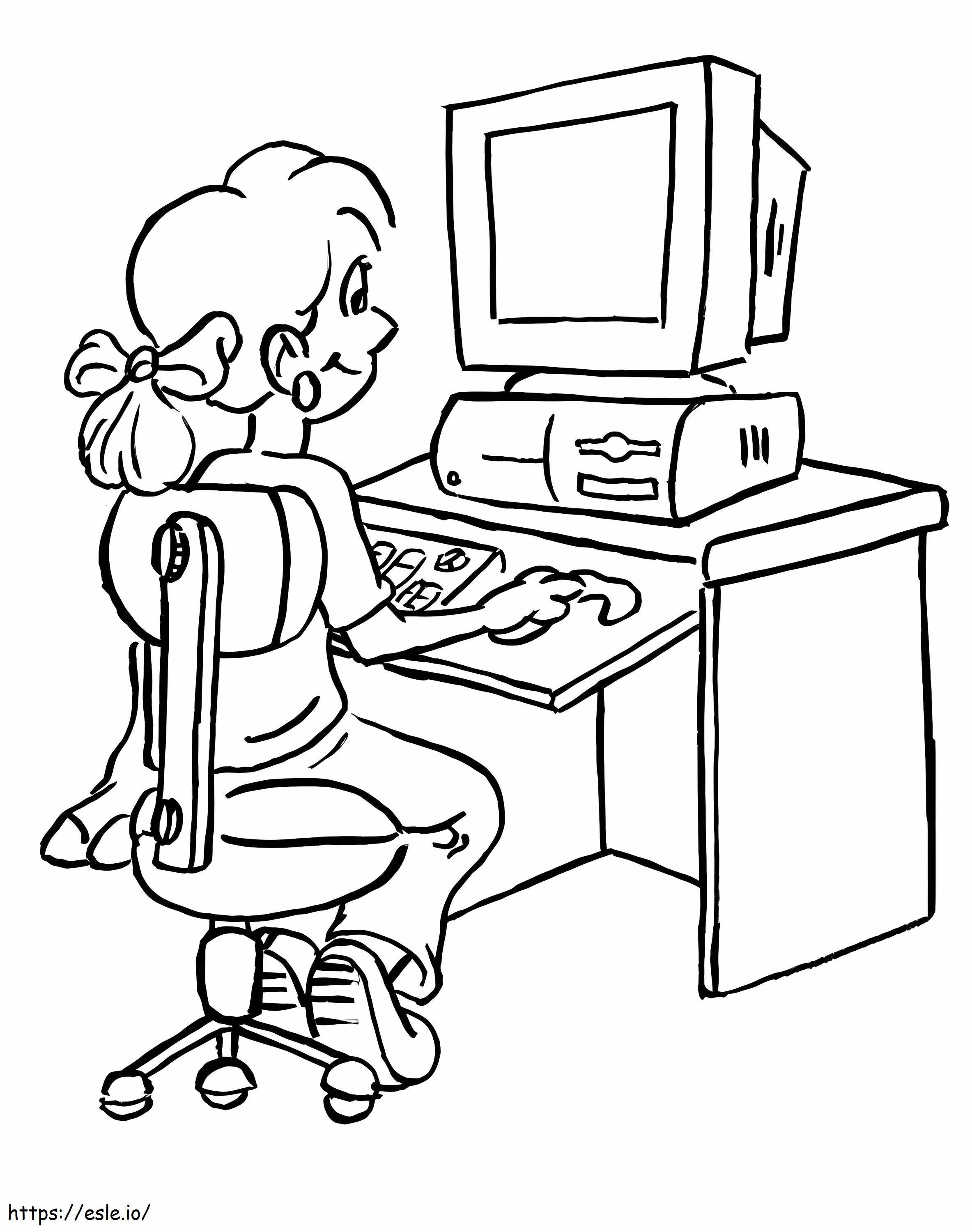 コンピューターを使用する女の子 ぬりえ - 塗り絵