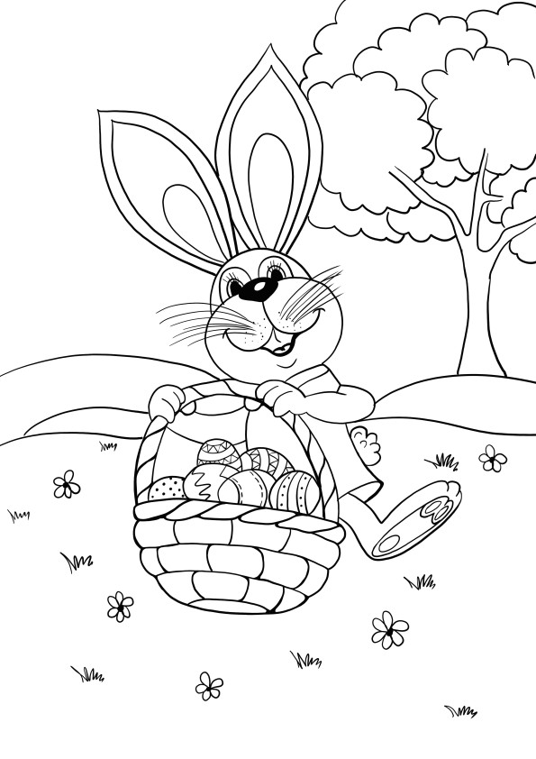 bunny and Easter eggs basket free printing and coloring page