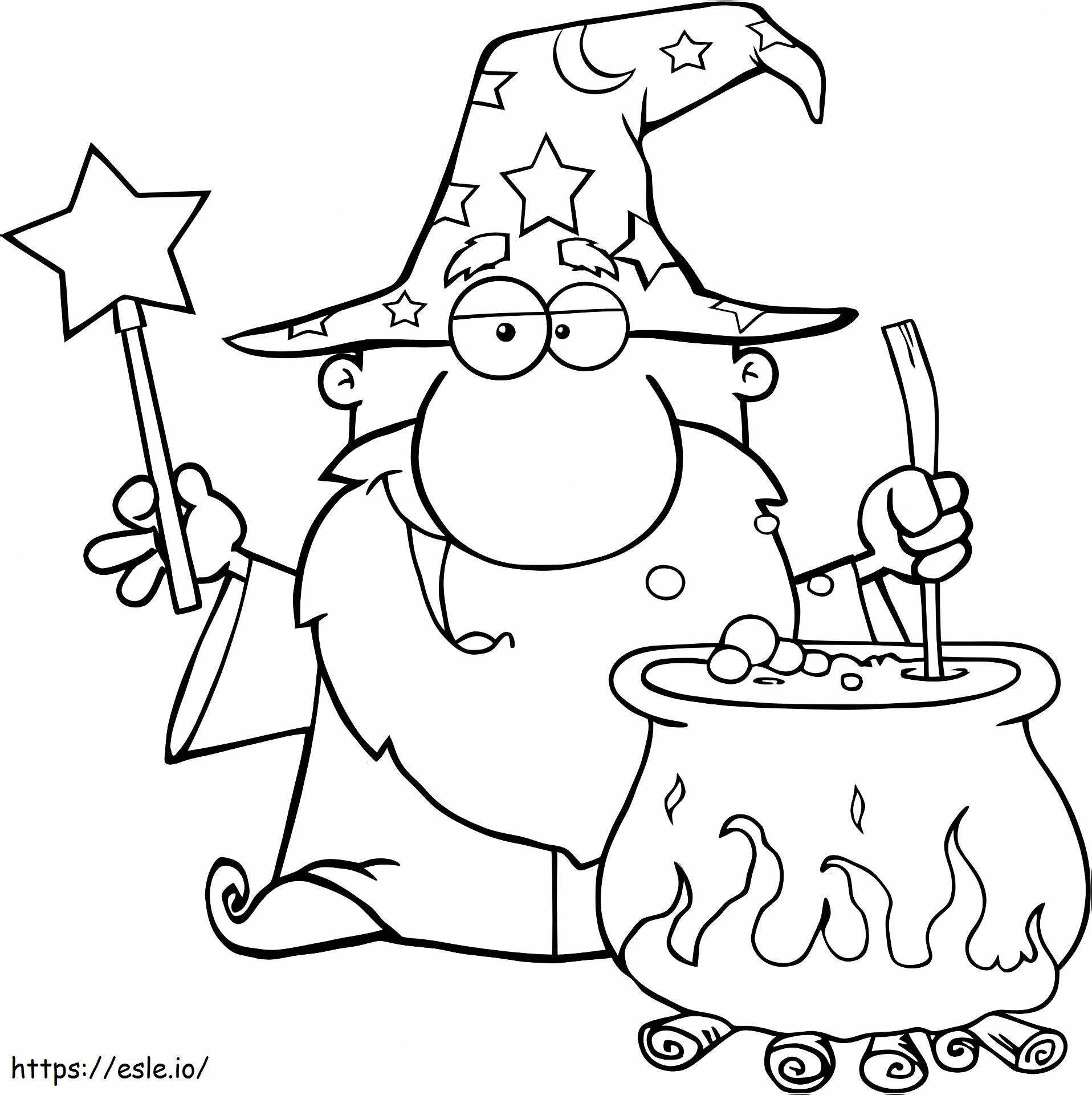 Wizard Waving With Magic Wand And Brewing A Potion coloring page