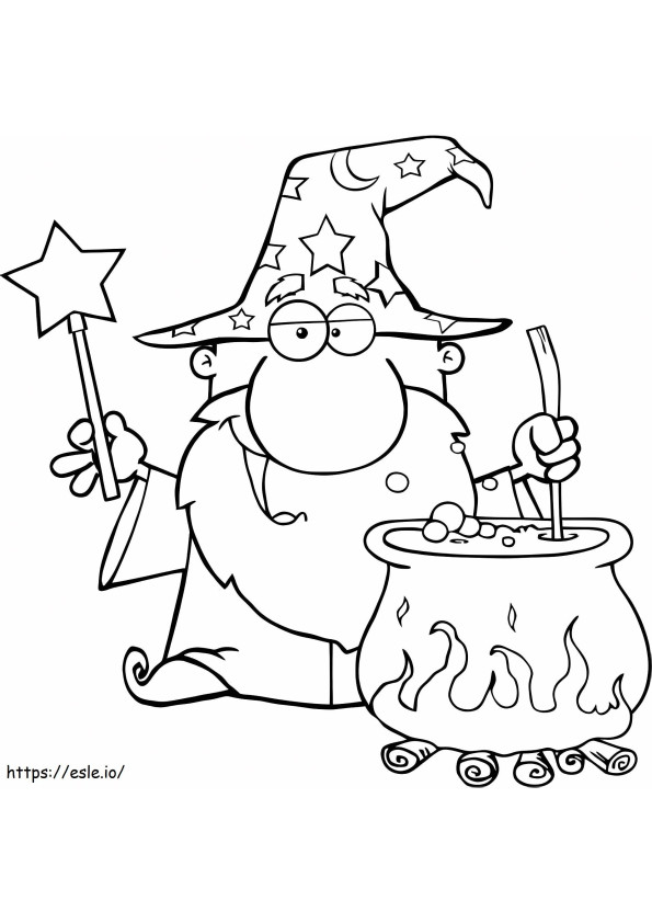 Wizard Waving With Magic Wand And Brewing A Potion coloring page