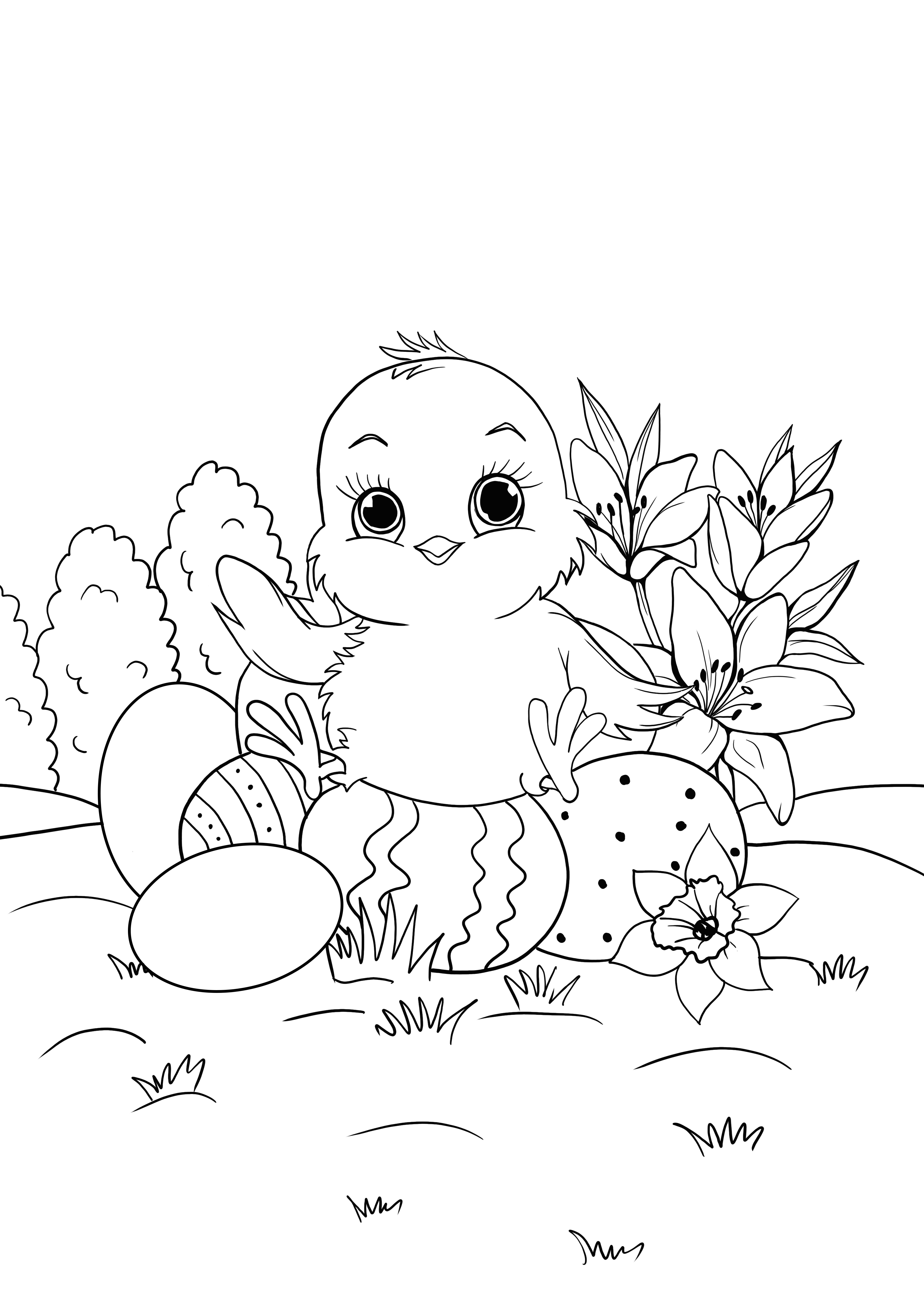 Dibujo de pollito en huevos de Pascua para colorear e imprimir gratis.