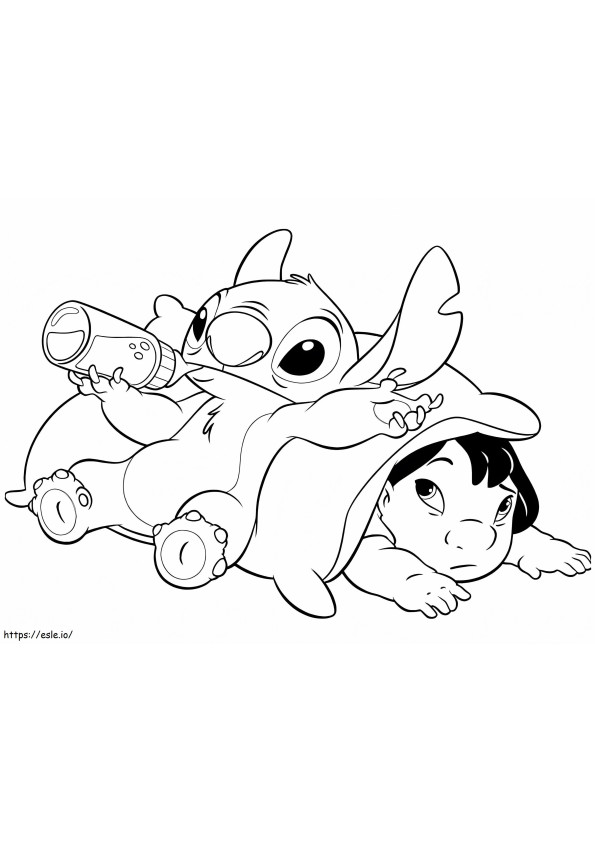 Stitch Drinks Milk With Lilo coloring page