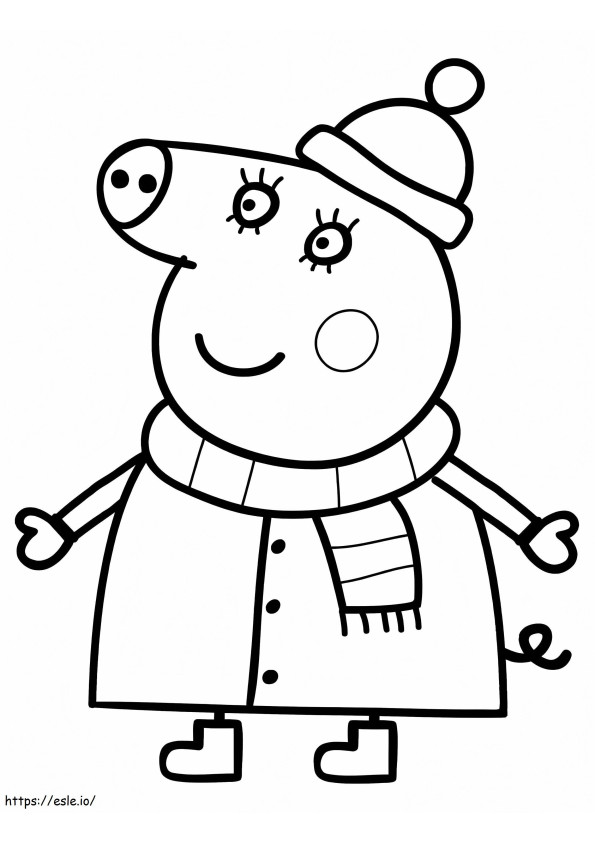 Coloriage maman cochon en costume d'hiver à imprimer dessin