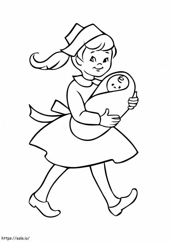 看護師が赤ちゃんを抱きしめて歩く ぬりえ - 塗り絵