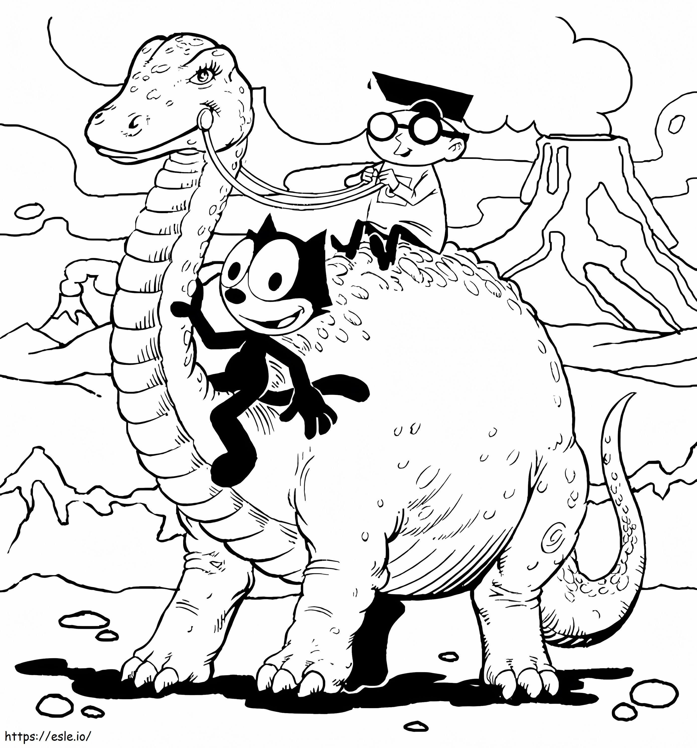 Coloriage Félix le chat et le dinosaure à imprimer dessin