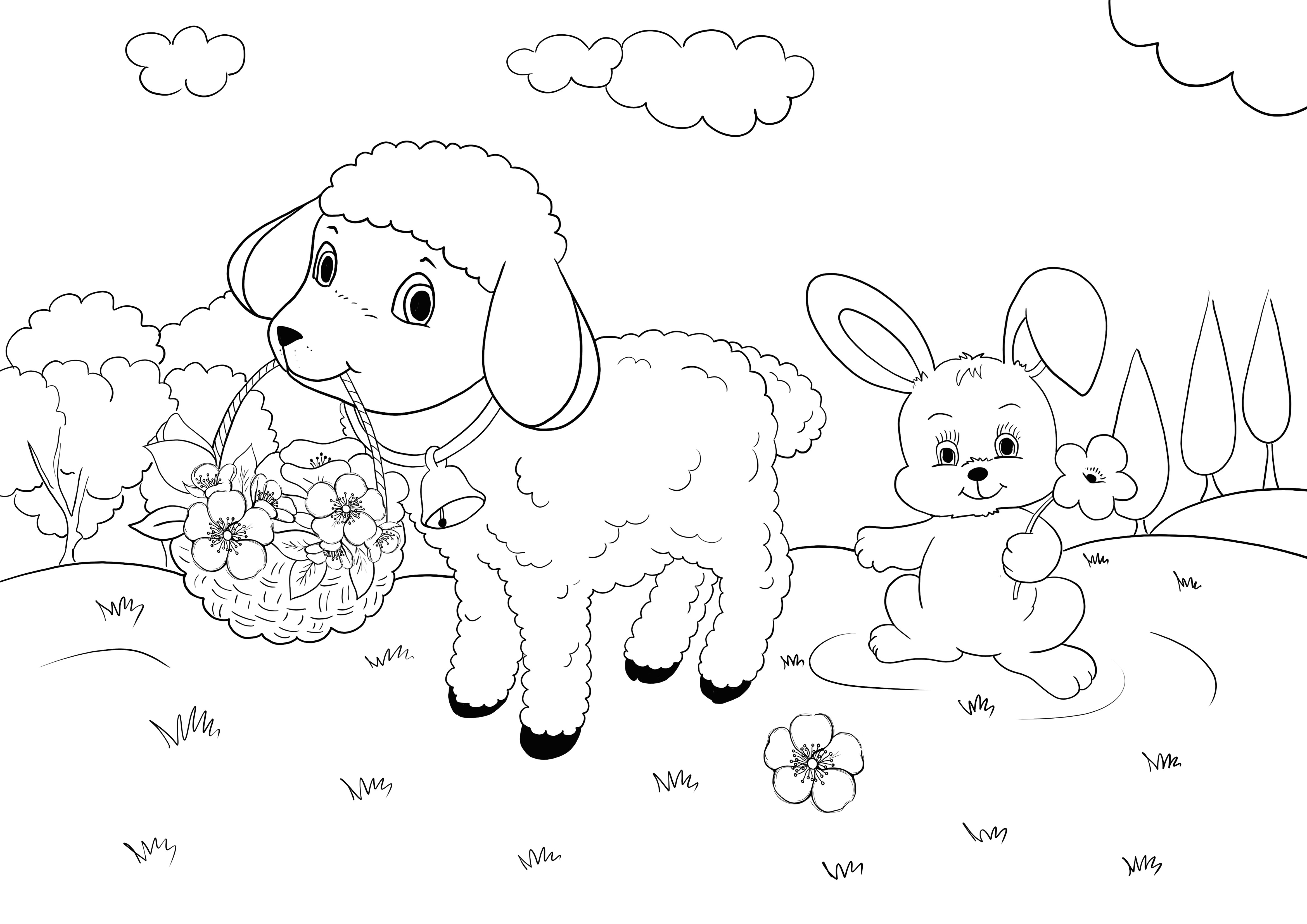 Easter lamb and bunny coloring page