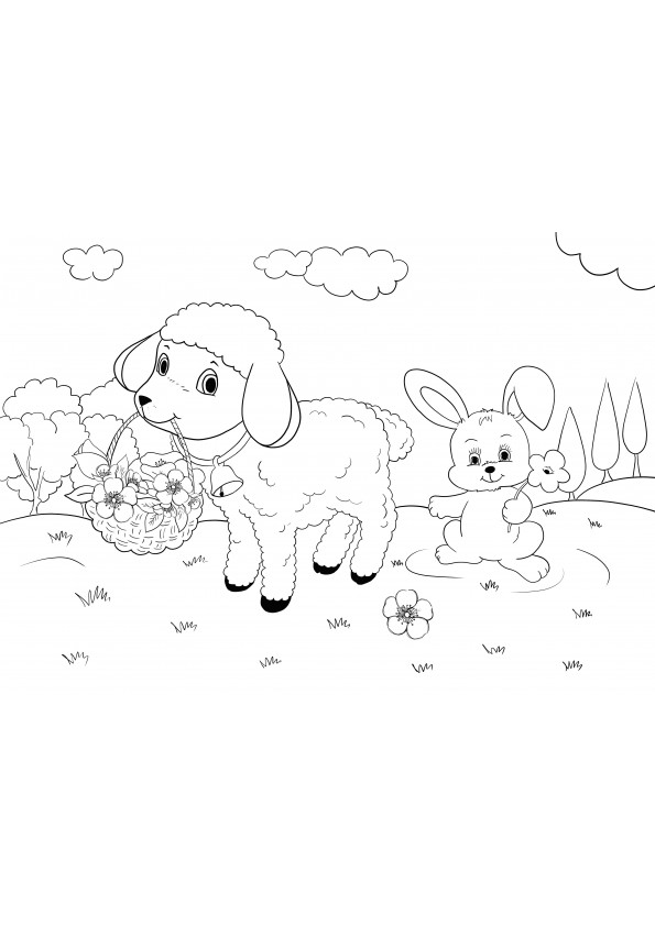 Coloriage agneau et lapin de Pâques