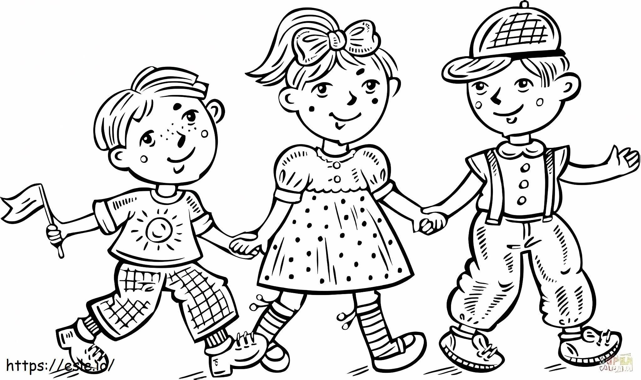 Coloriage Trois enfants marchant à imprimer dessin