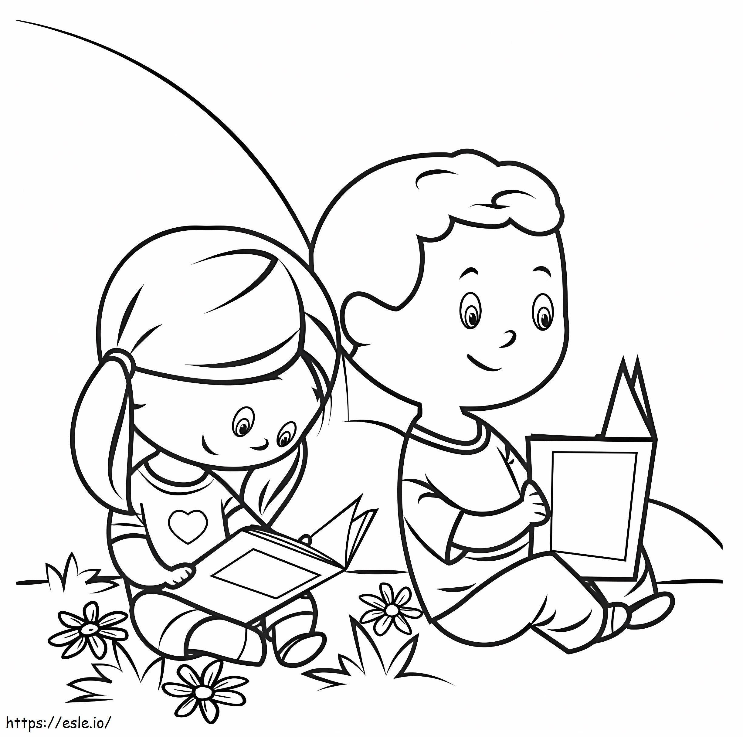 Duas crianças lendo para colorir