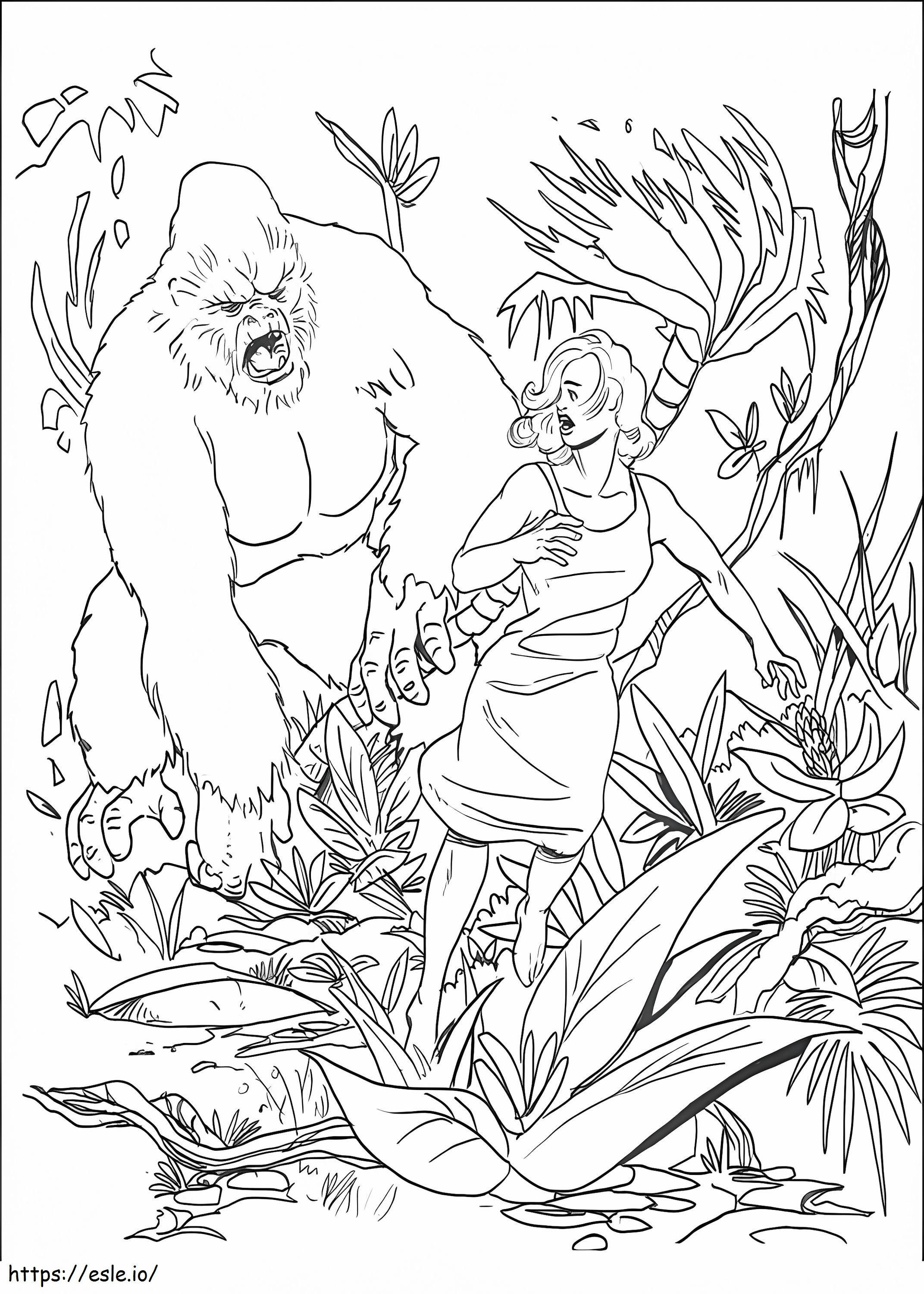 King Kong persegue a garota correndo para colorir