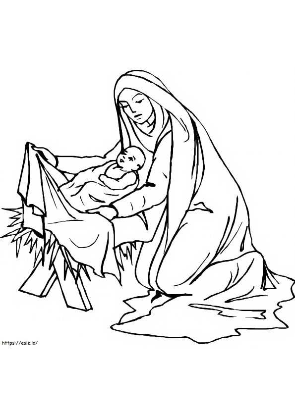 Jeesus-vauva ja äiti Maria värityskuva
