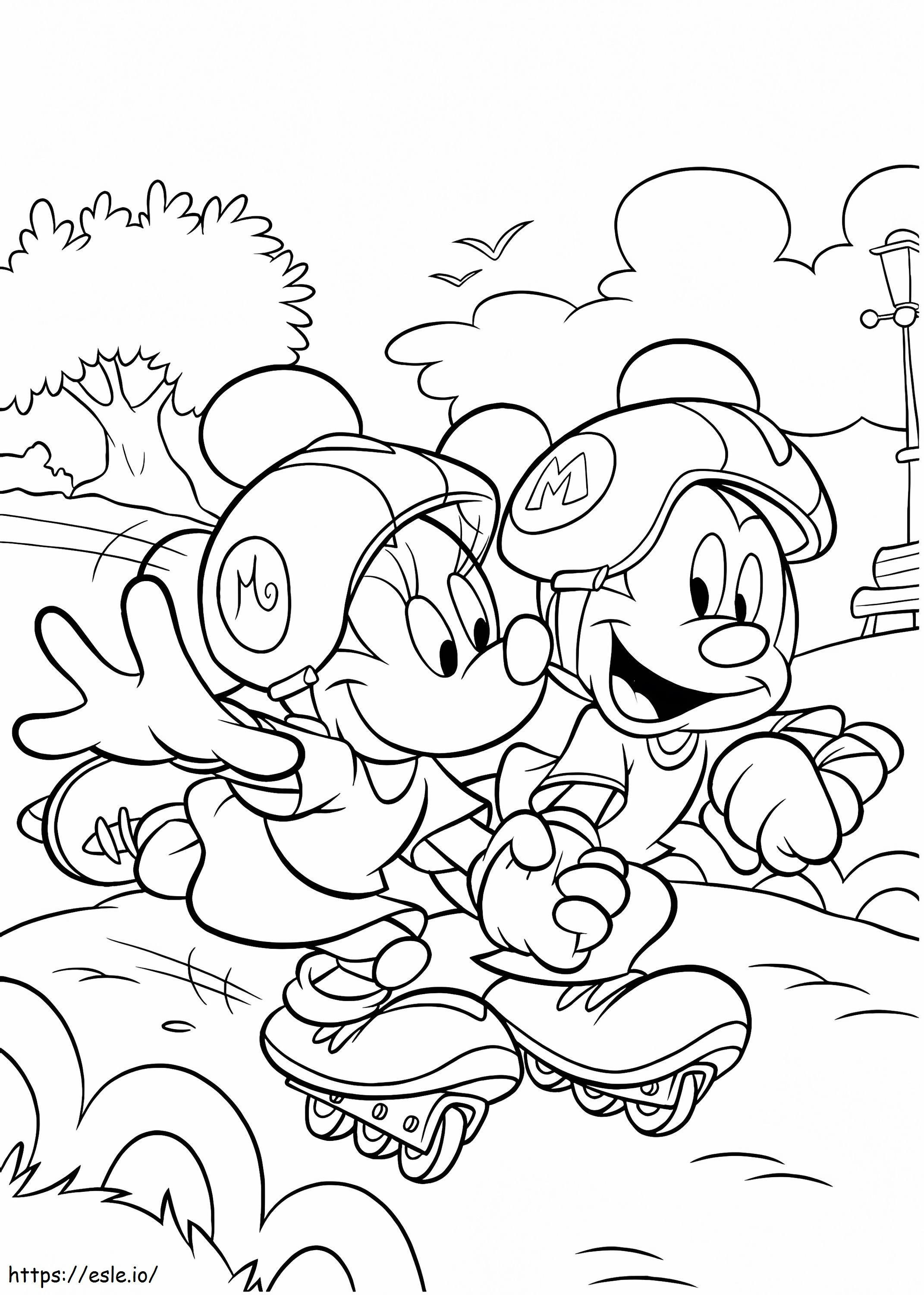  Minnie y Mickey patinando A4 para colorear