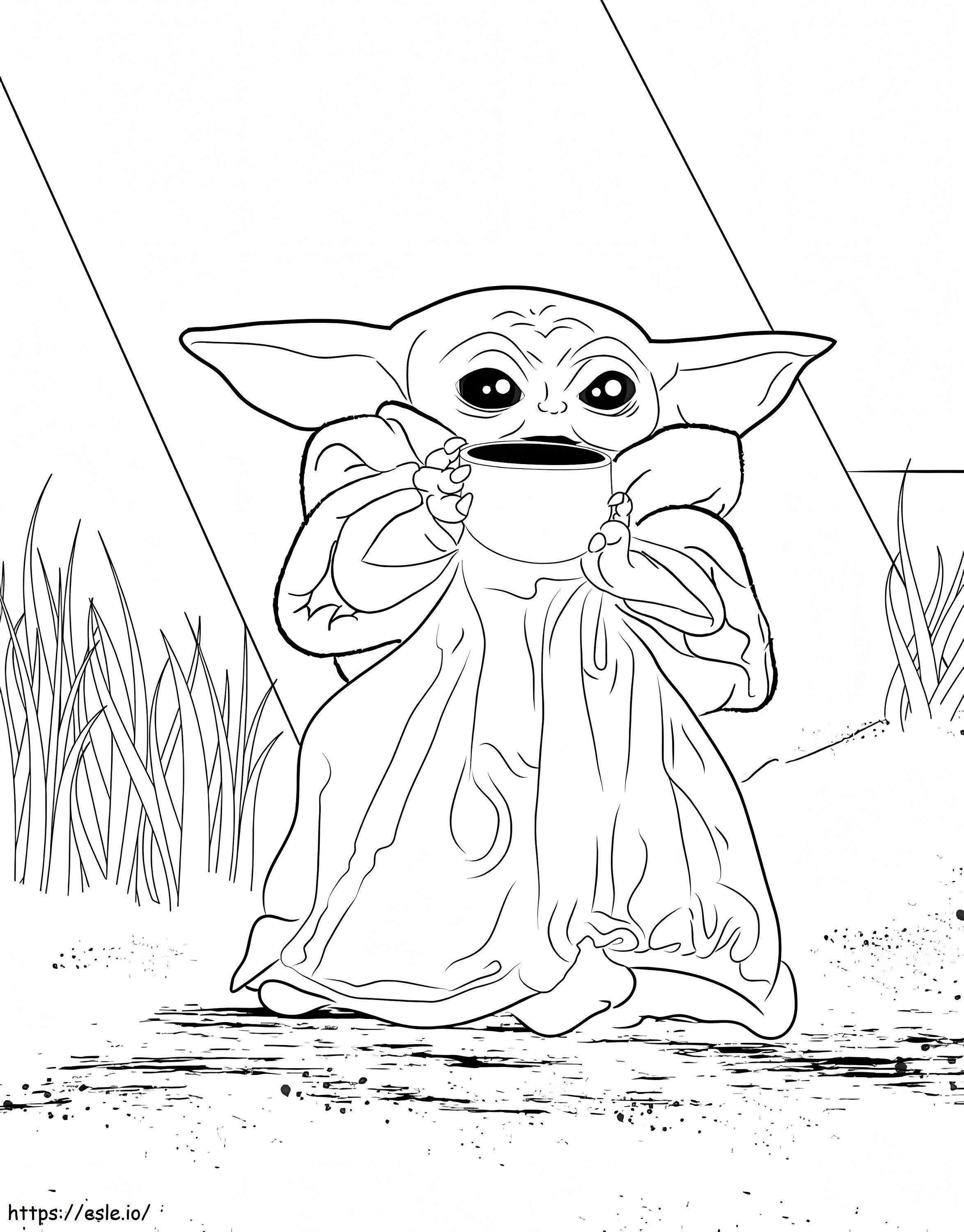 Vauva Yoda kupin kanssa lientä värityskuva