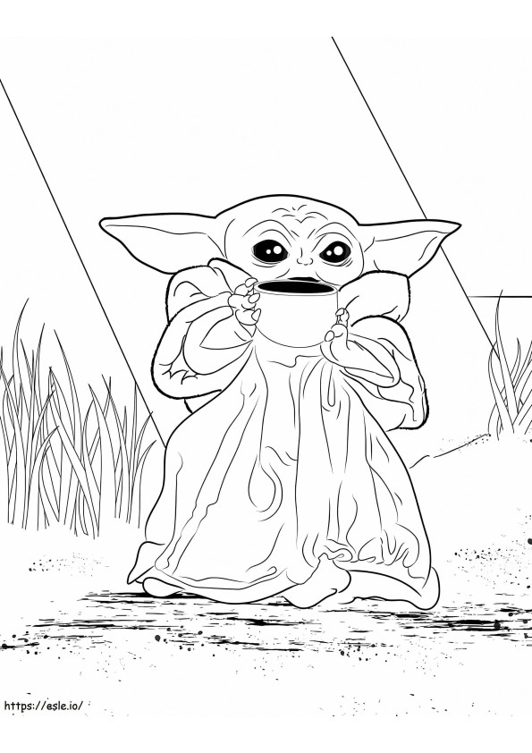 Vauva Yoda kupin kanssa lientä värityskuva