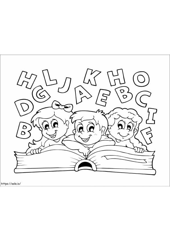 Três crianças lendo livro na escola em escala para colorir