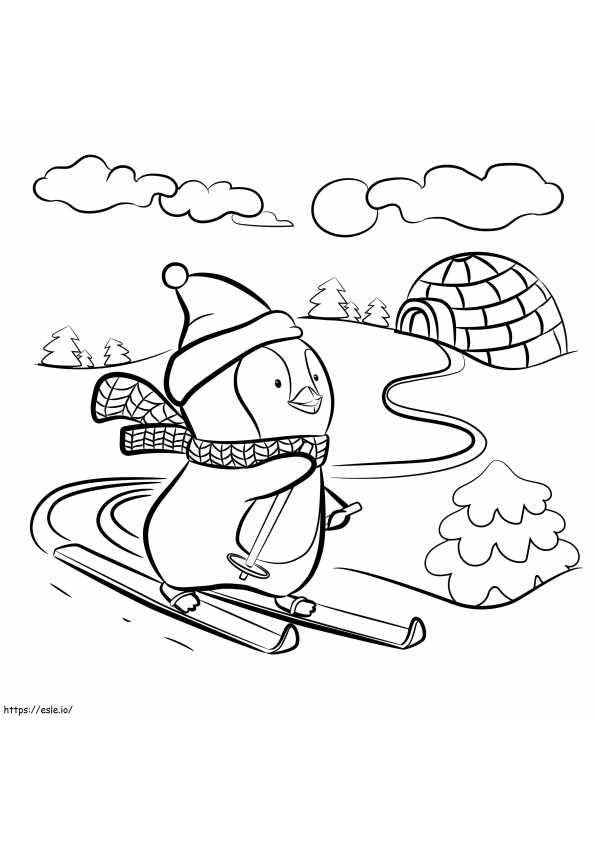 Pingüino de dibujos animados de esquí para colorear