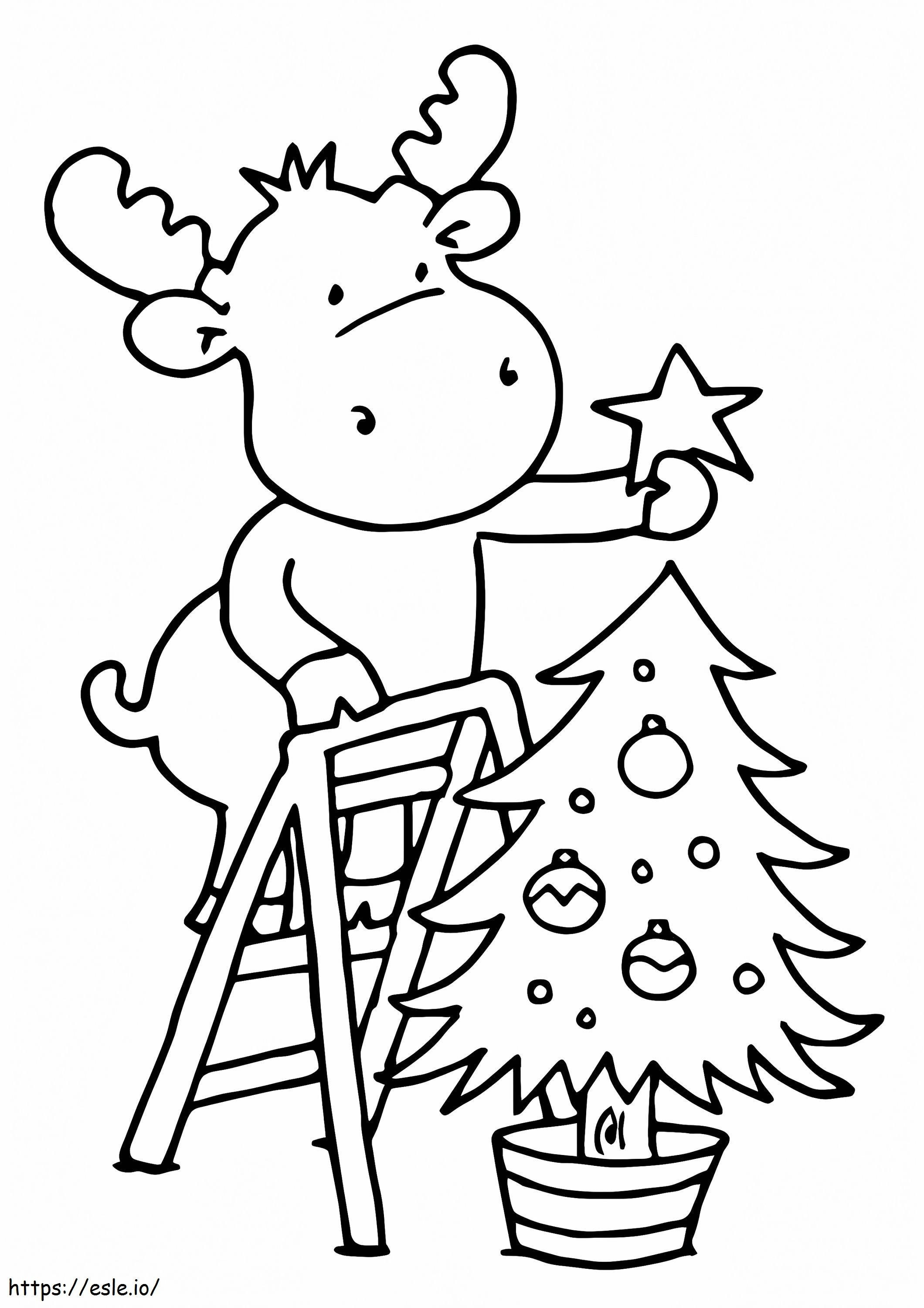 A rena pendura uma estrela na árvore de Natal para colorir