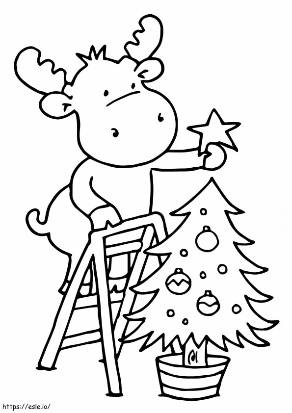 Coloriage Le renne accroche une étoile au sapin de Noël à imprimer dessin