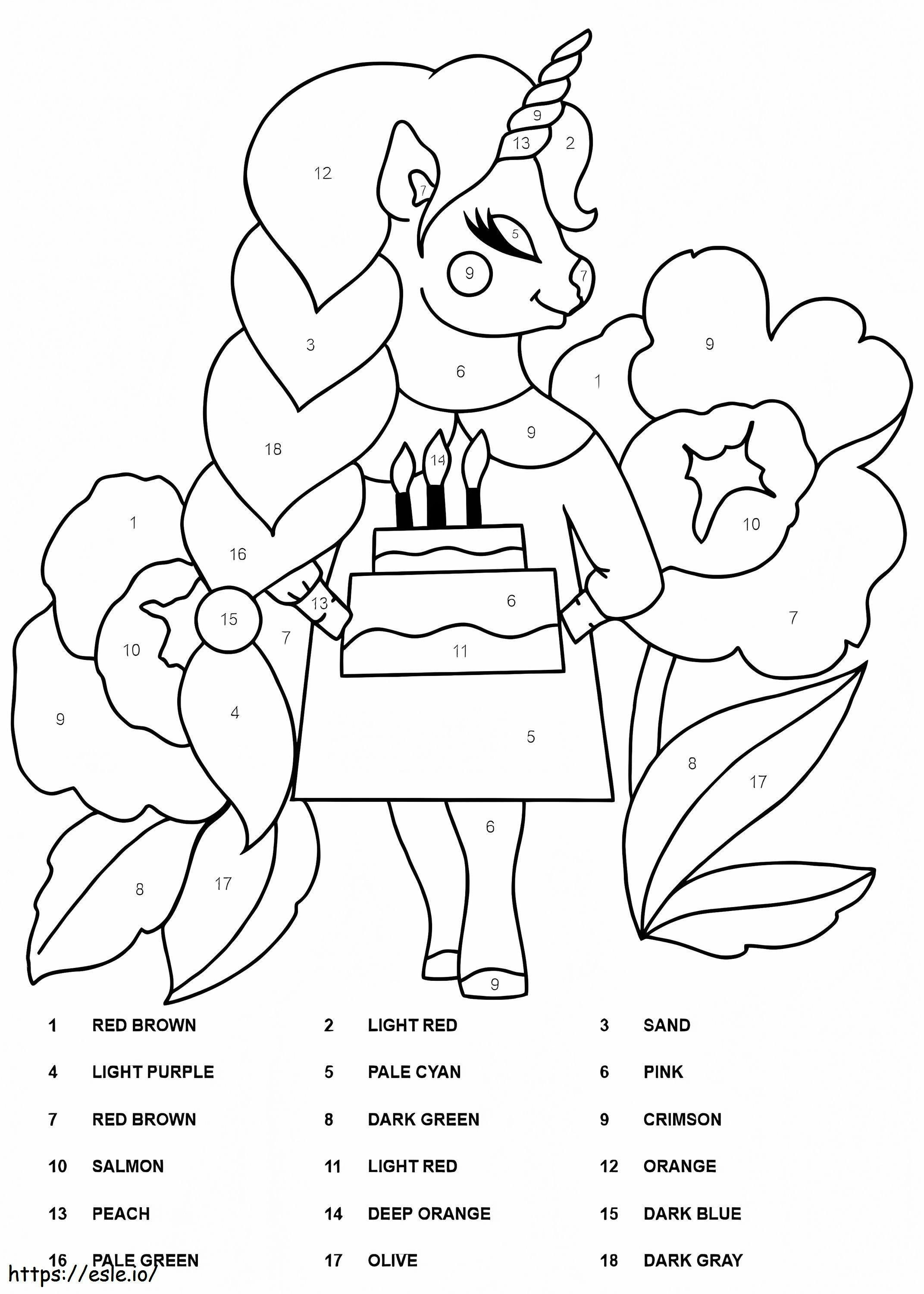Colore unicorno e torta per numero da colorare