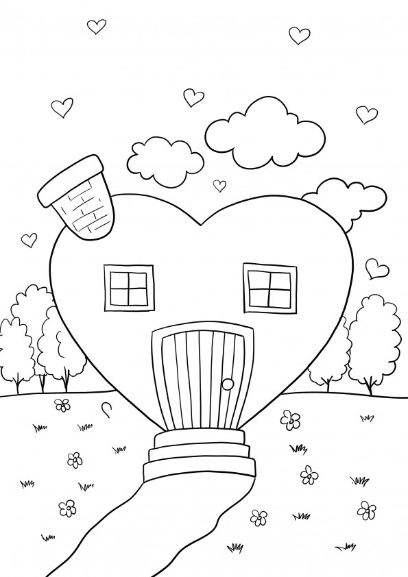house in heart shape coloring page for free printing