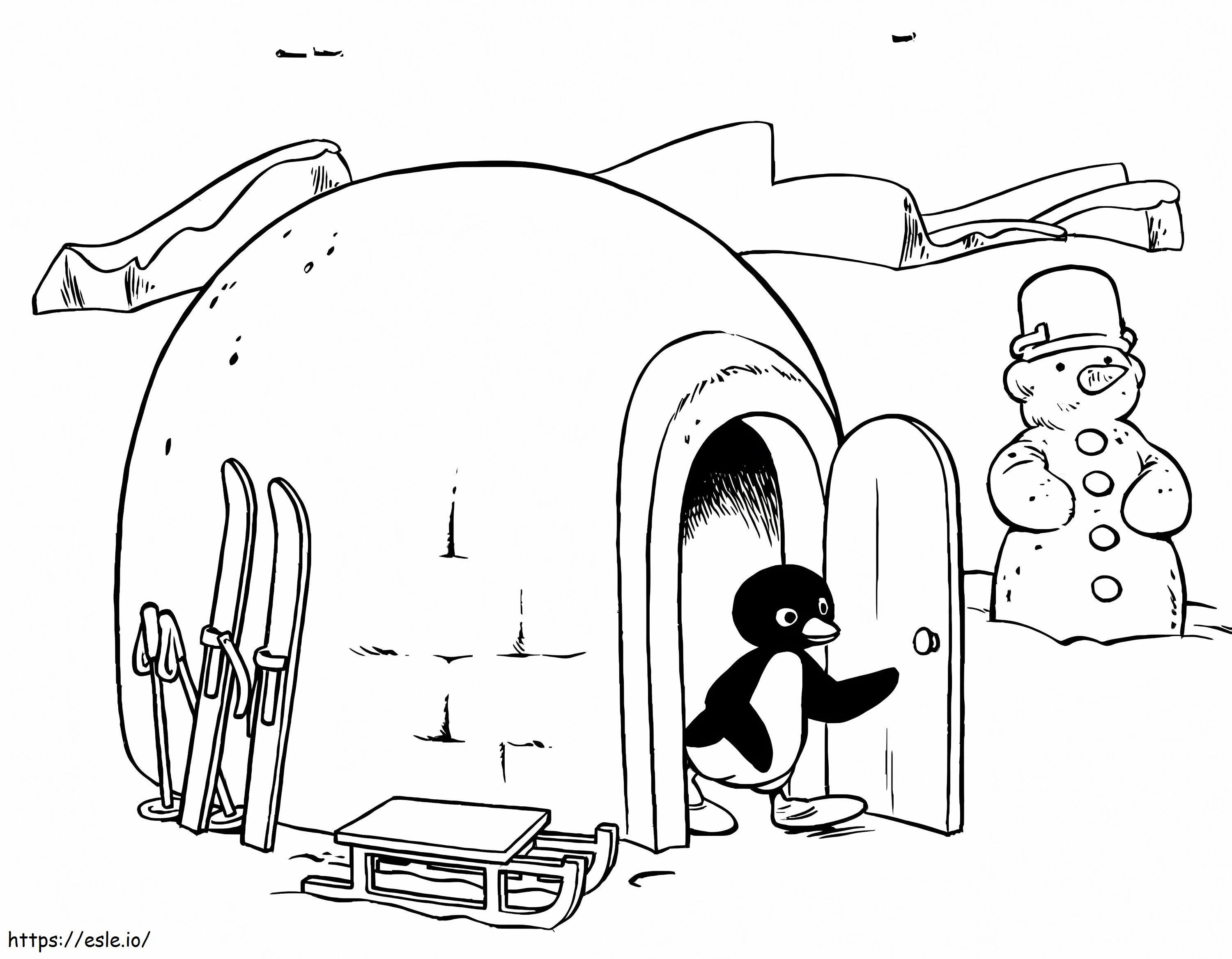 I pinguini vanno dall'igloo all'esterno da colorare