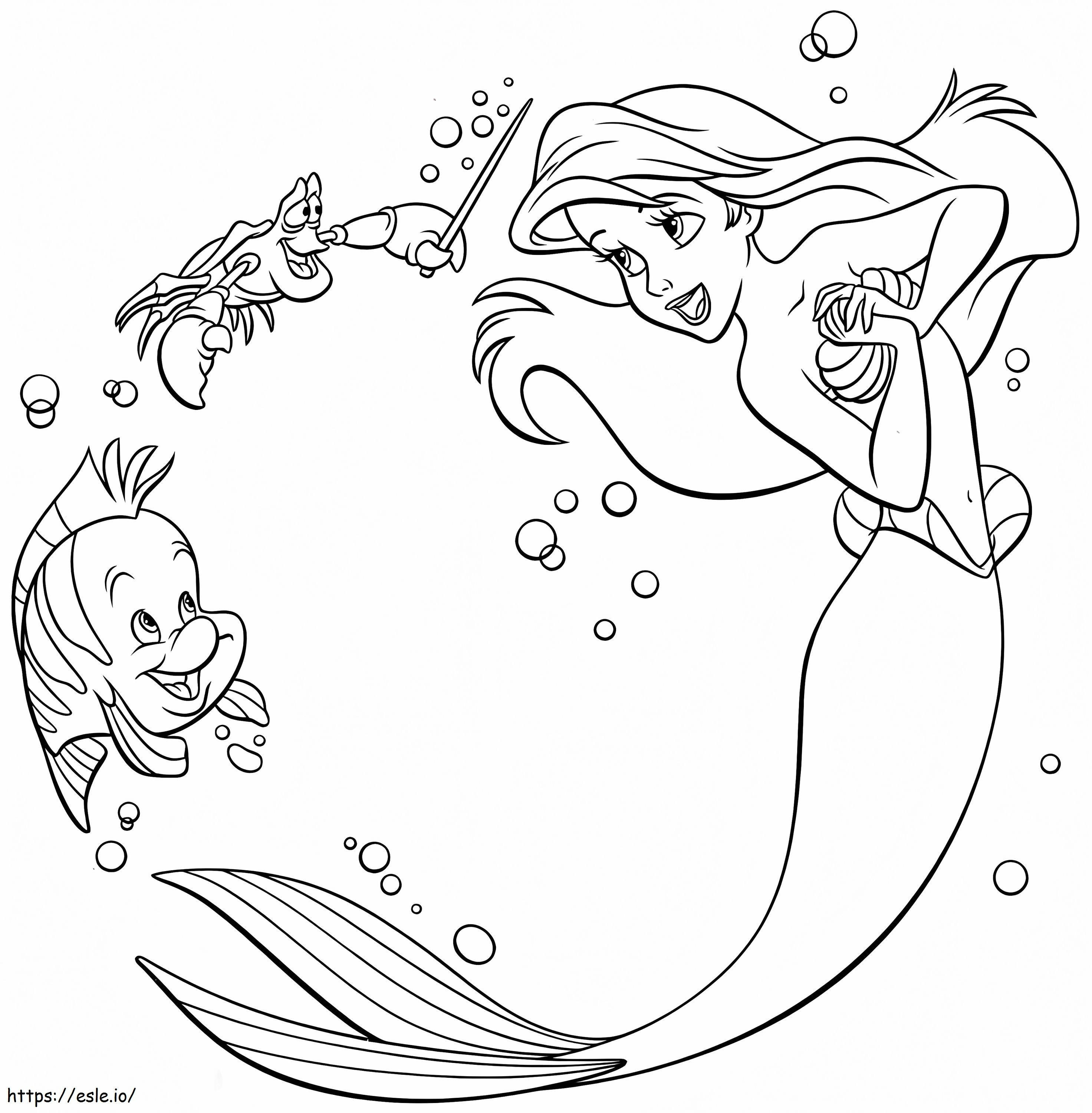 Ariel com peixe e caranguejo para colorir