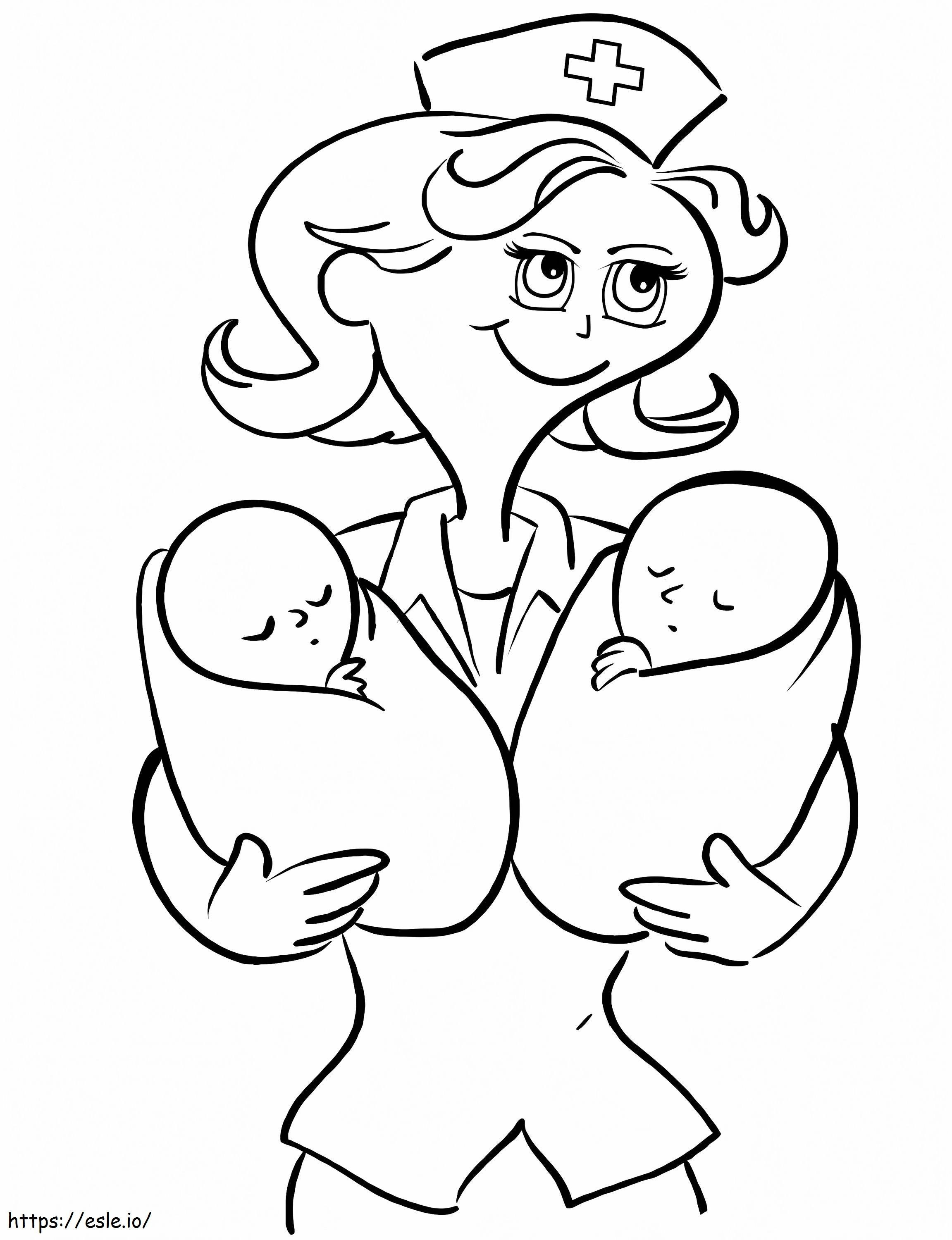 Enfermeira abraça dois bebês para colorir