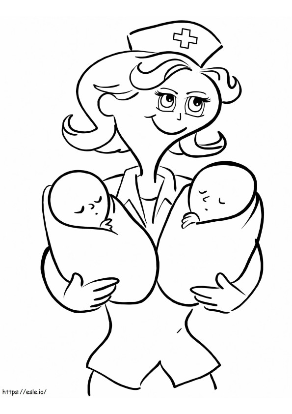 Sairaanhoitaja halaa kahta vauvaa värityskuva