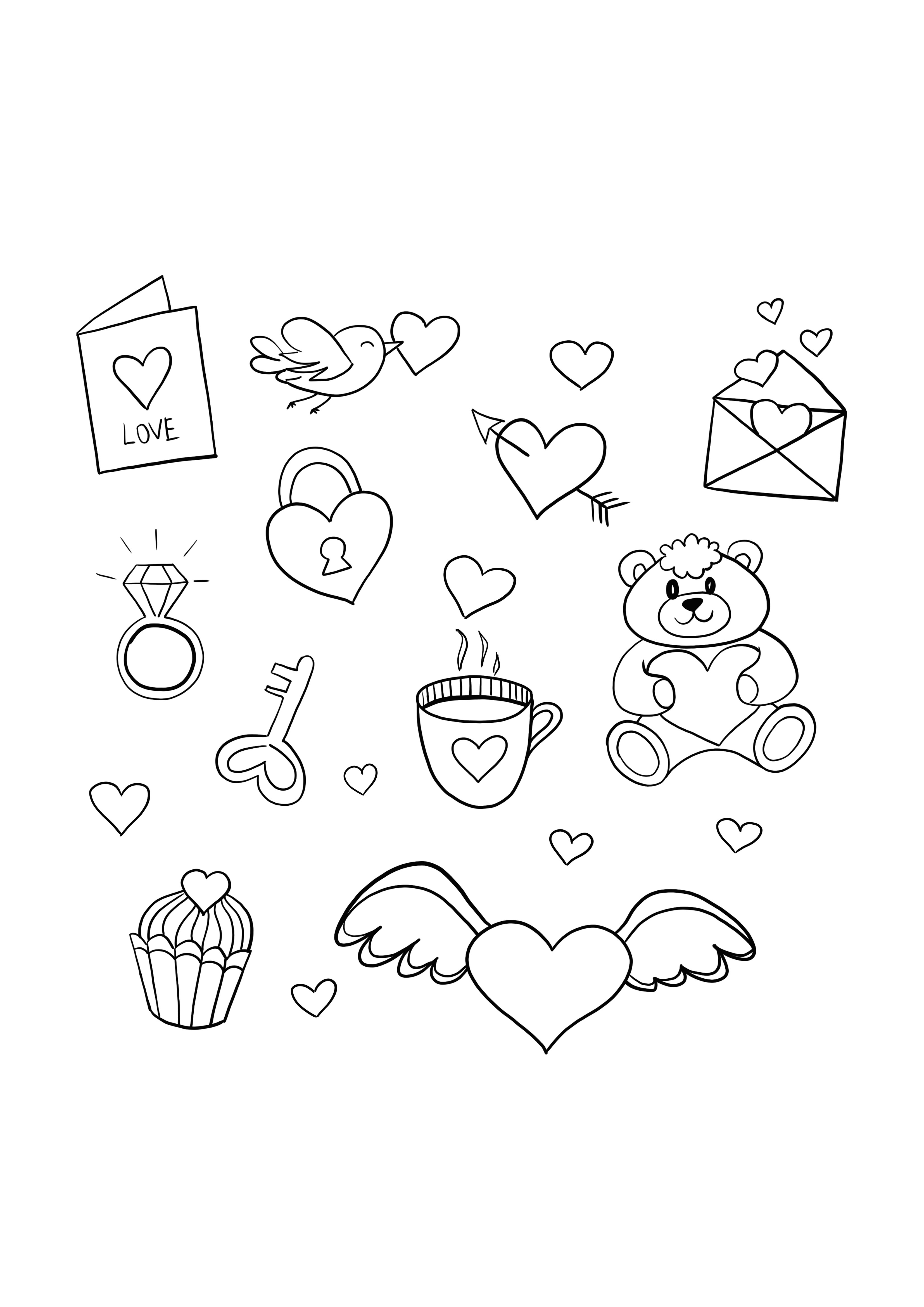 valentine’s elements easy to color and print for free