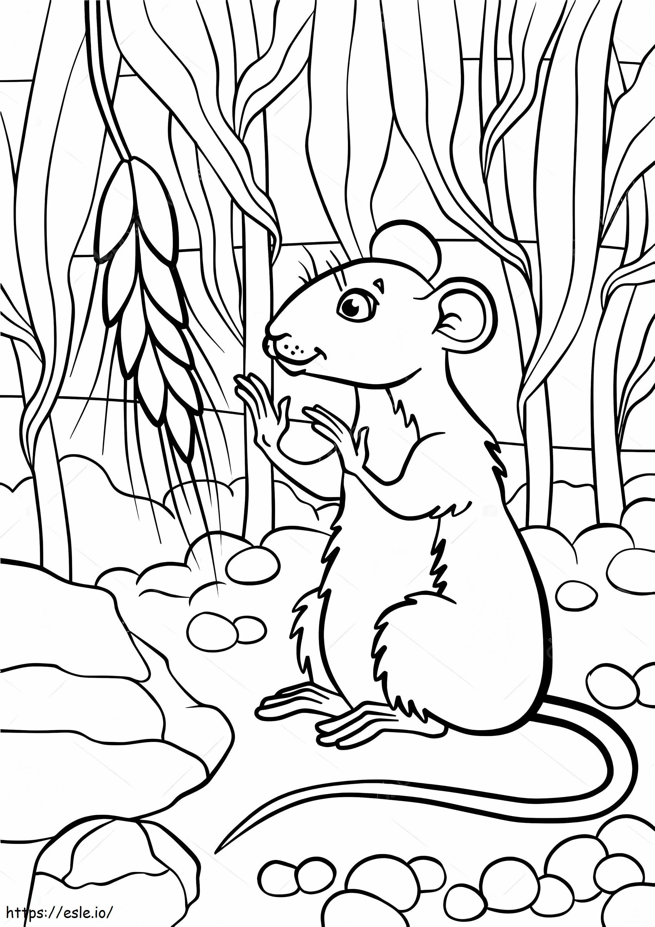 Little Cute Mouse Looks At The Piece Of Wheat coloring page
