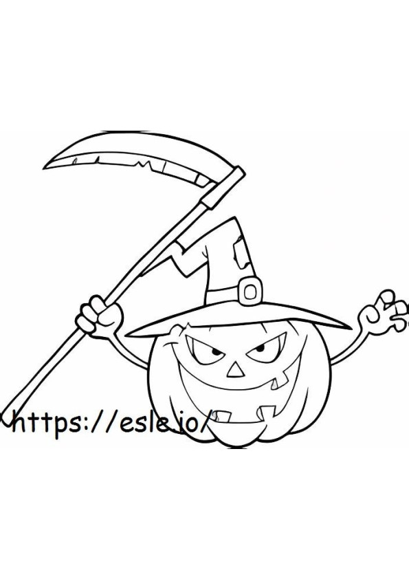  abóbora de halloween com chapéu de bruxa e foice para colorir