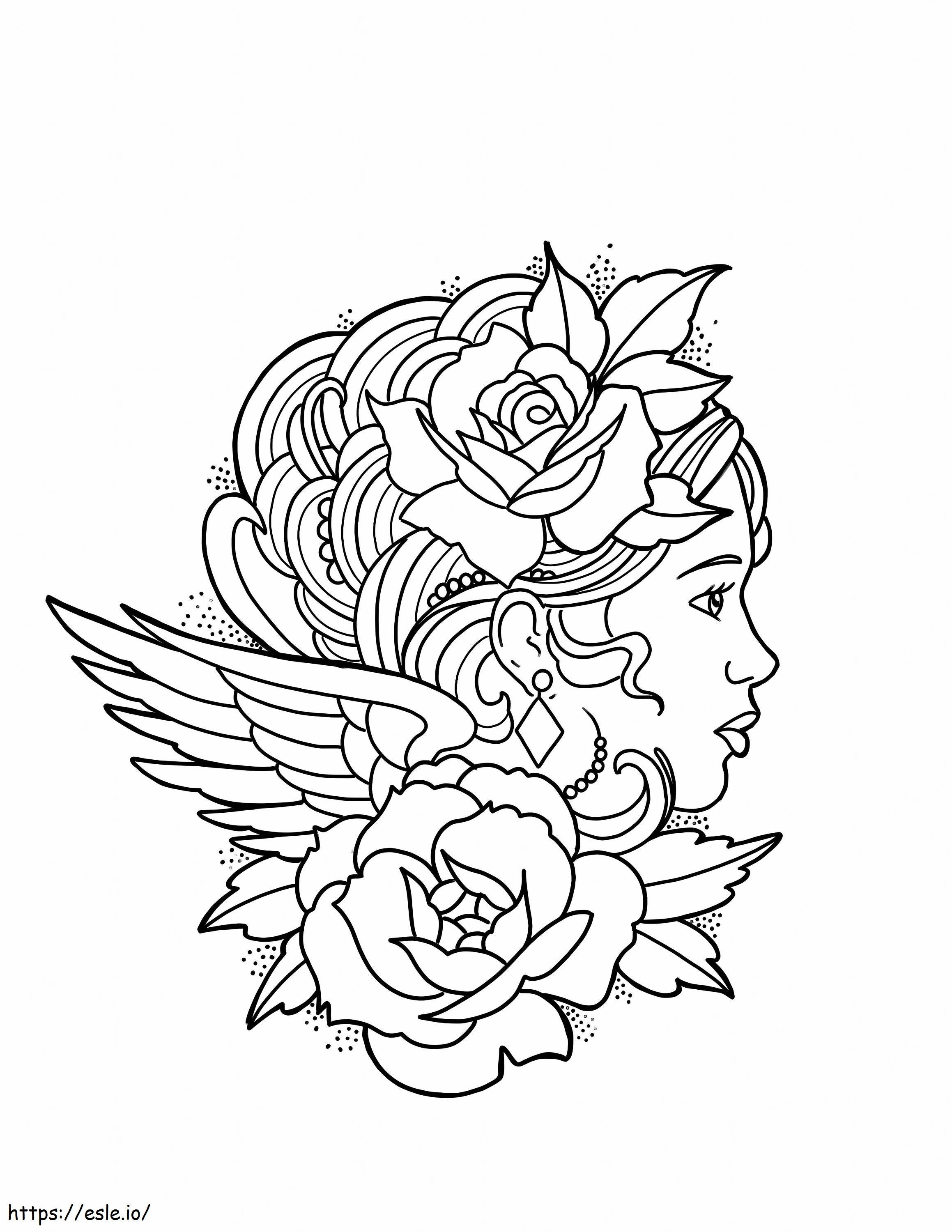 バラの少女と翼のタトゥー ぬりえ - 塗り絵