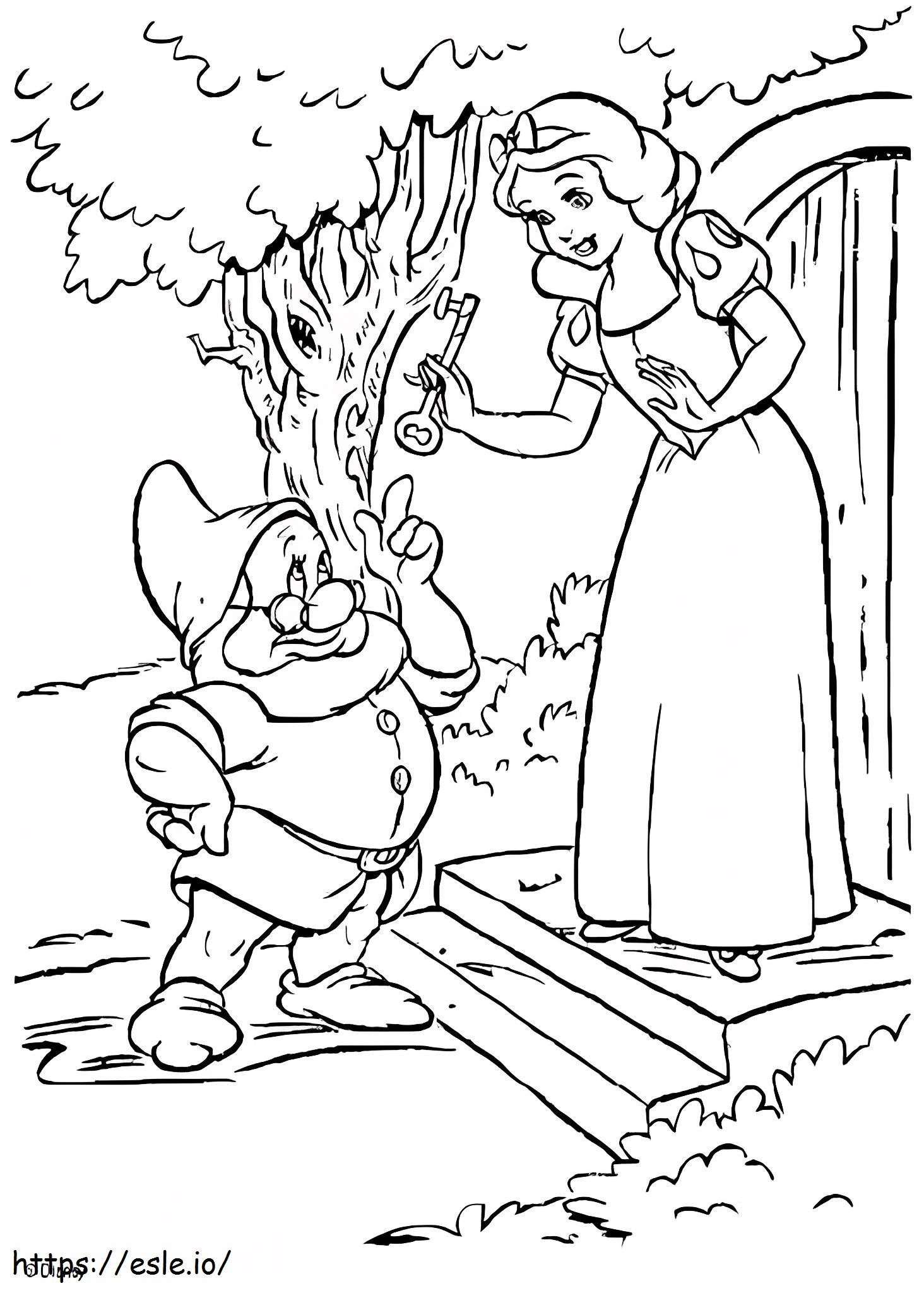 Snow White Holding Key And Dwarf coloring page