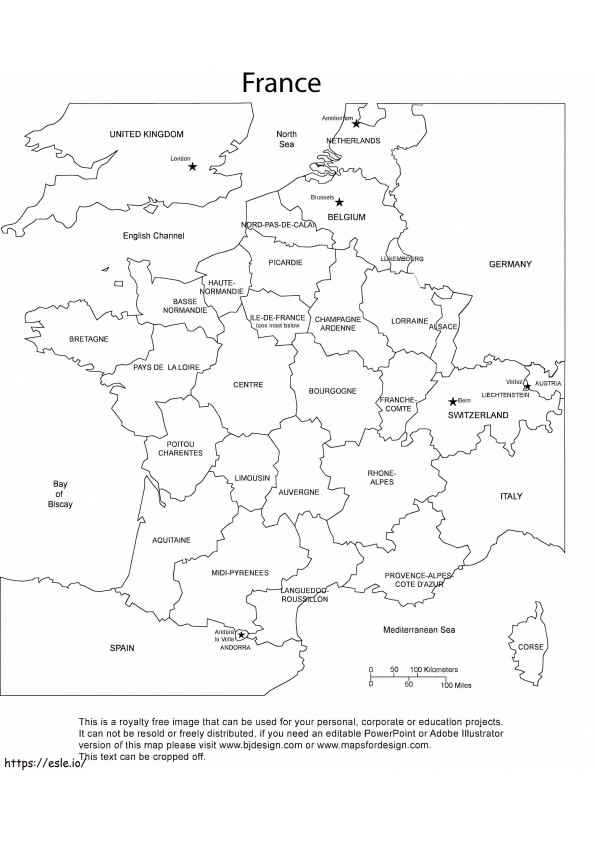 Francia Mapa 1 para colorear