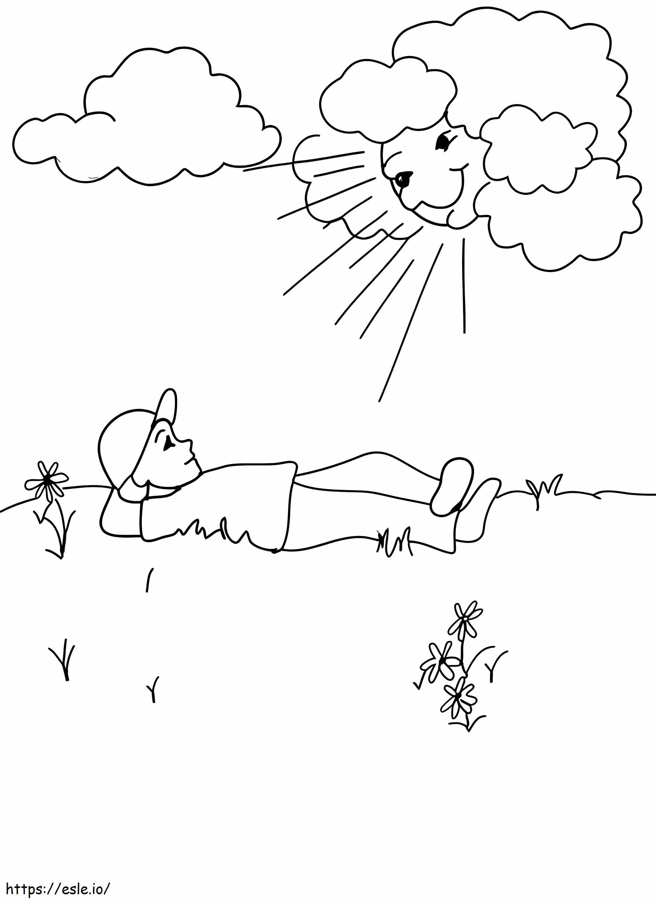Coloriage Garçon couché regardant les nuages à imprimer dessin