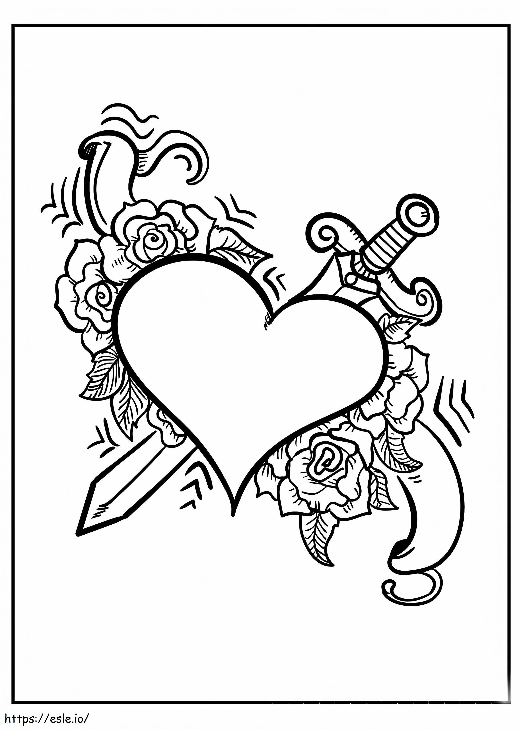 Coloriage Coeur avec épée et fleur à imprimer dessin