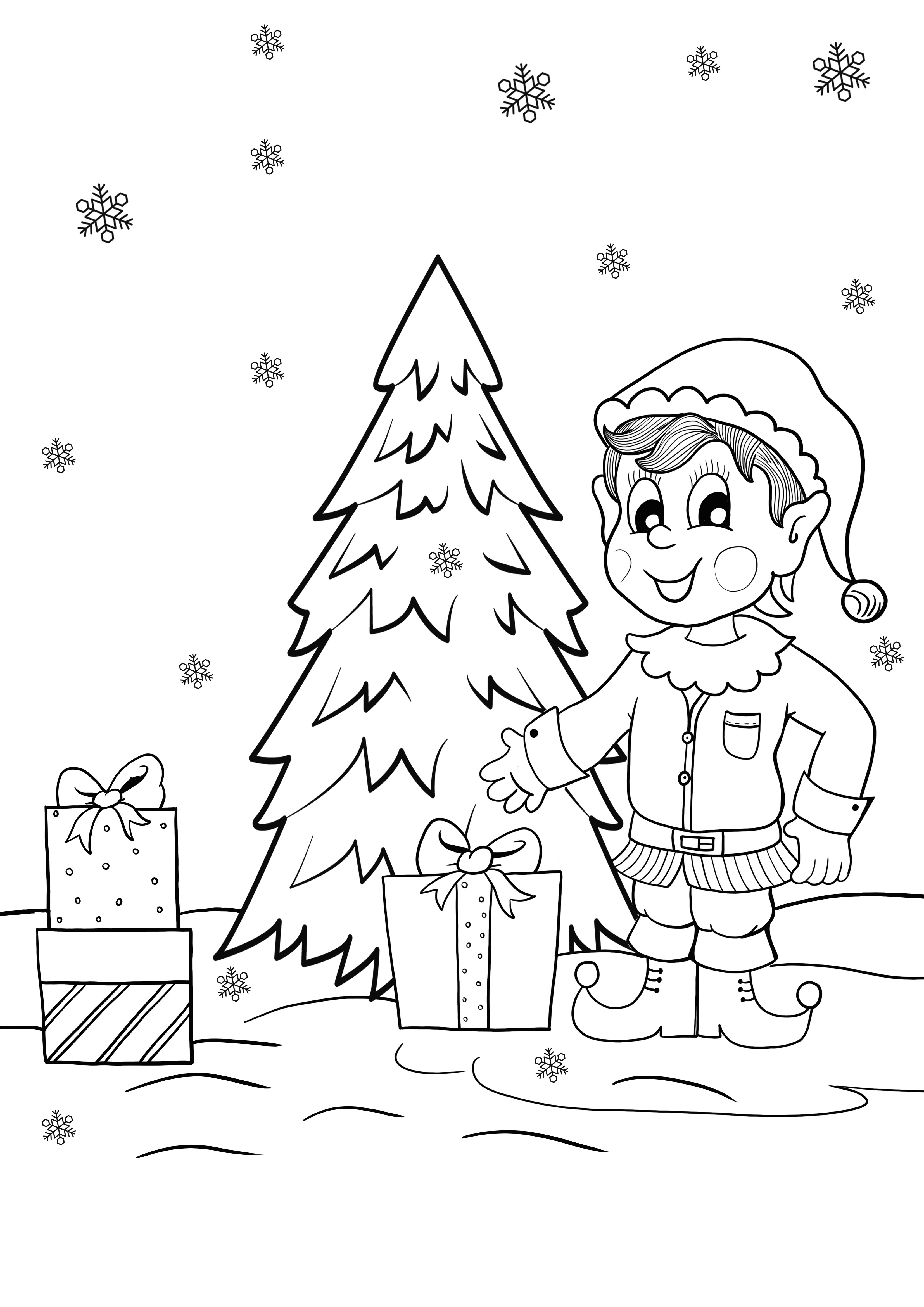 elf and Christmas presents freebie coloring page