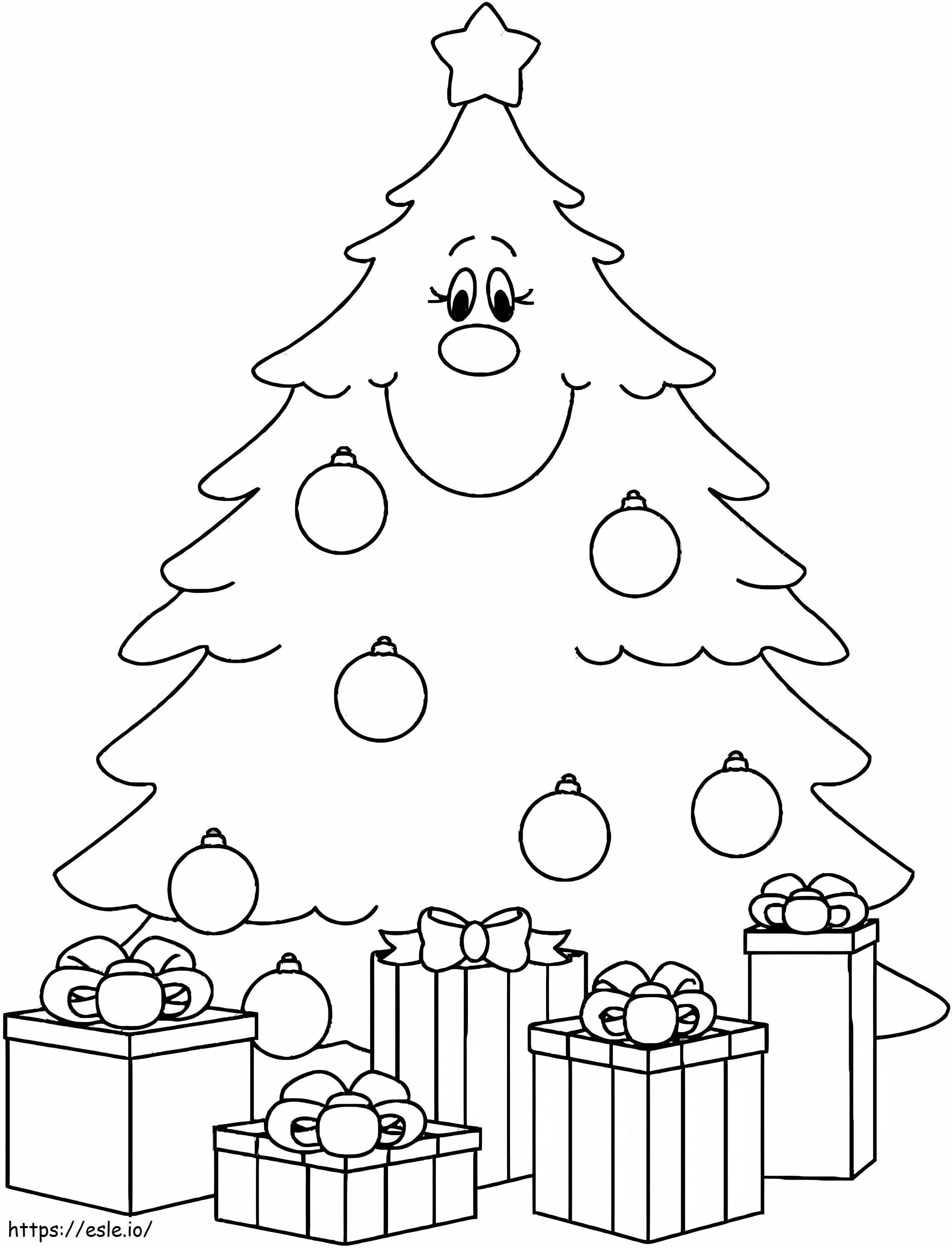 Coloriage Sapin de Noël souriant avec des coffrets cadeaux à imprimer dessin