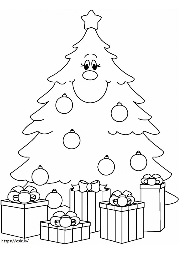 Árbol de Navidad sonriente con cajas de regalo para colorear