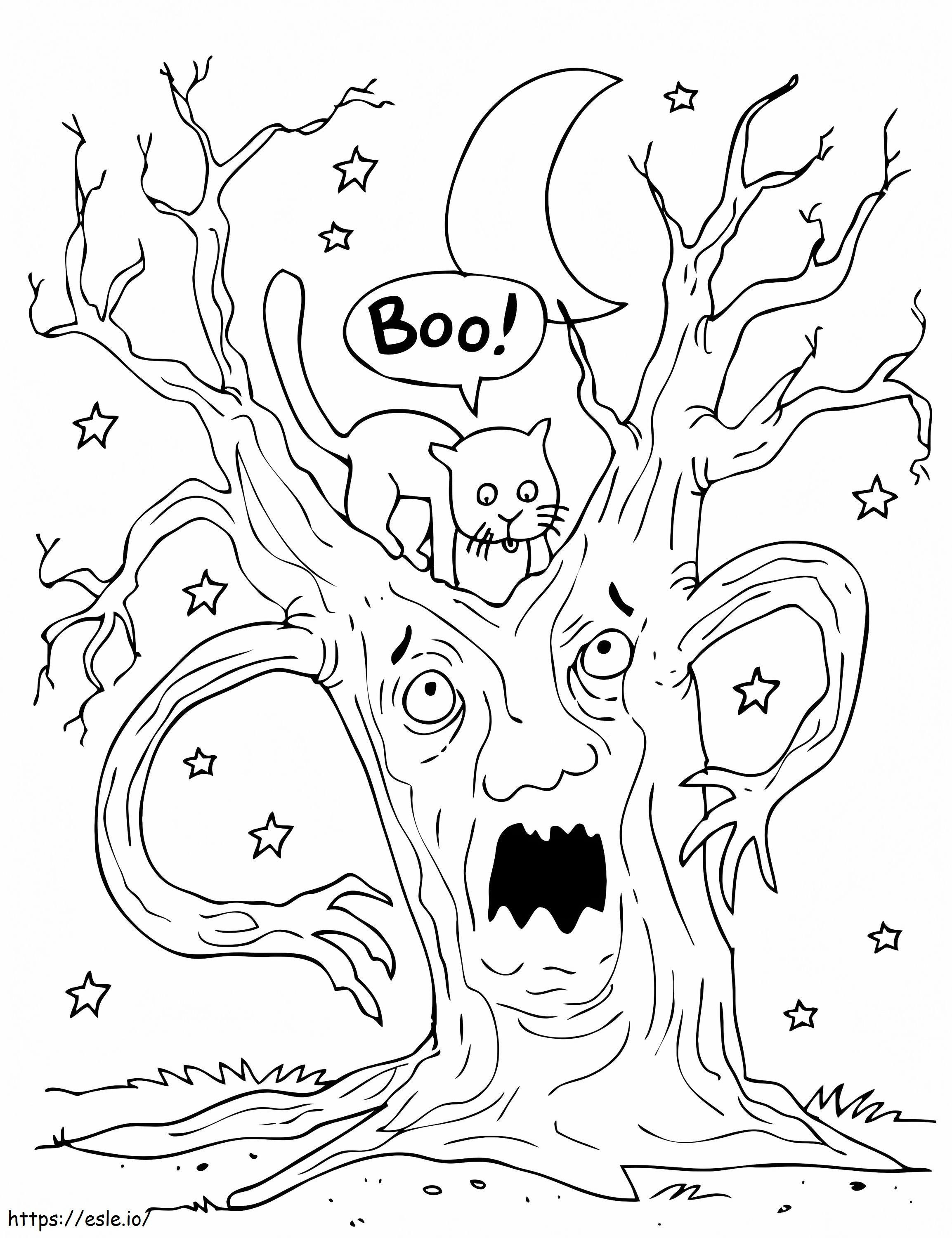 Coloriage Chat noir et arbre effrayant à imprimer dessin
