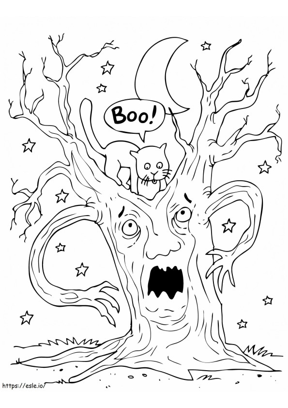 Coloriage Chat noir et arbre effrayant à imprimer dessin