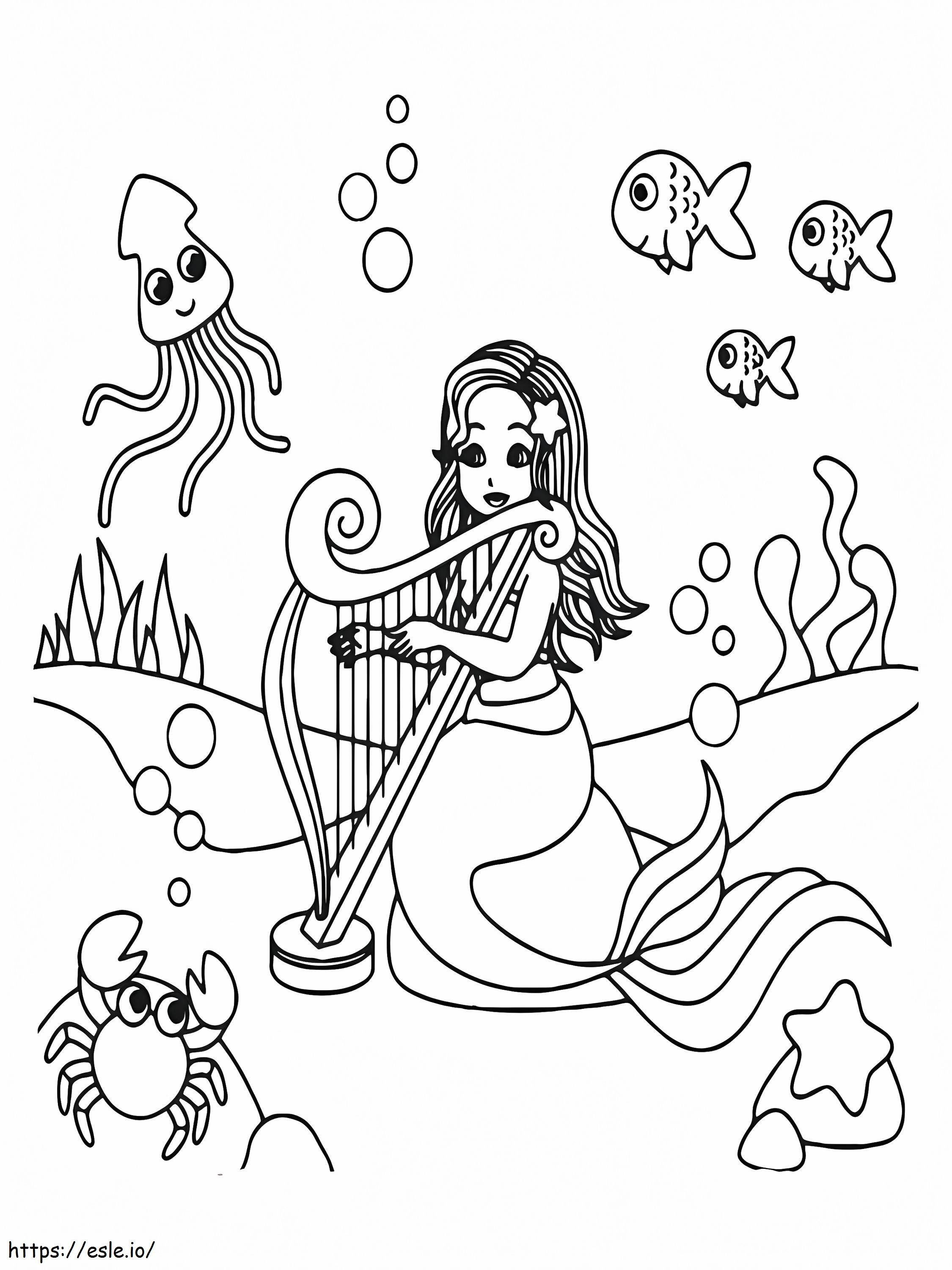 Sirenă care cântă la harpă cu animale marine de colorat