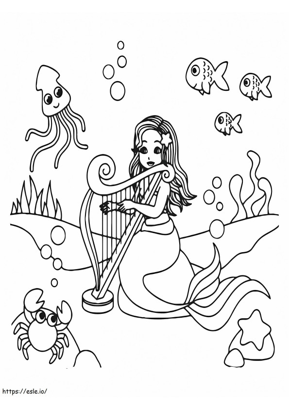 Sirenă care cântă la harpă cu animale marine de colorat